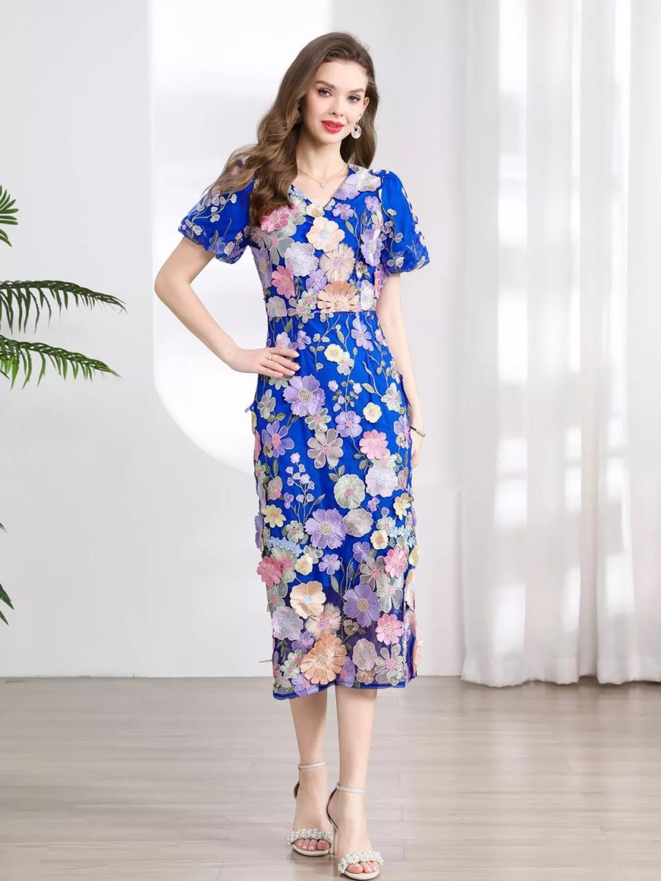 Floral Embroidered Puff Sleeve Midi Dress