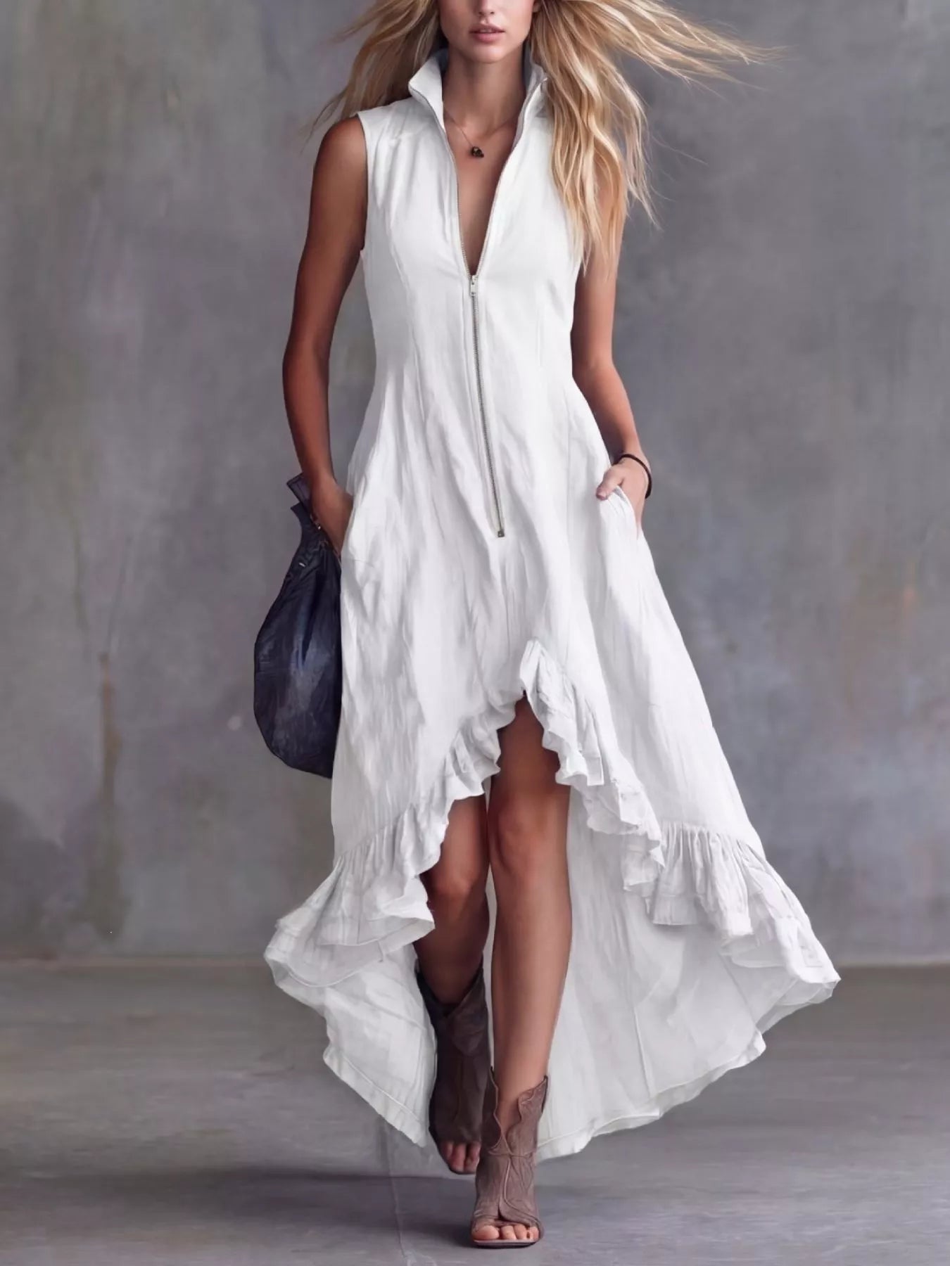 Full Size High-Low Ruffled Zip Front Dress Plus Size