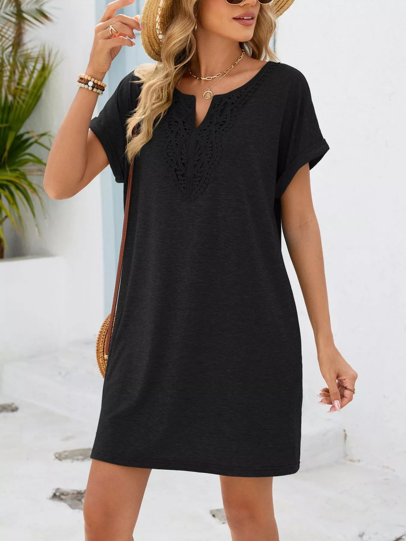 Lace Trim Notched Short Sleeve Dress
