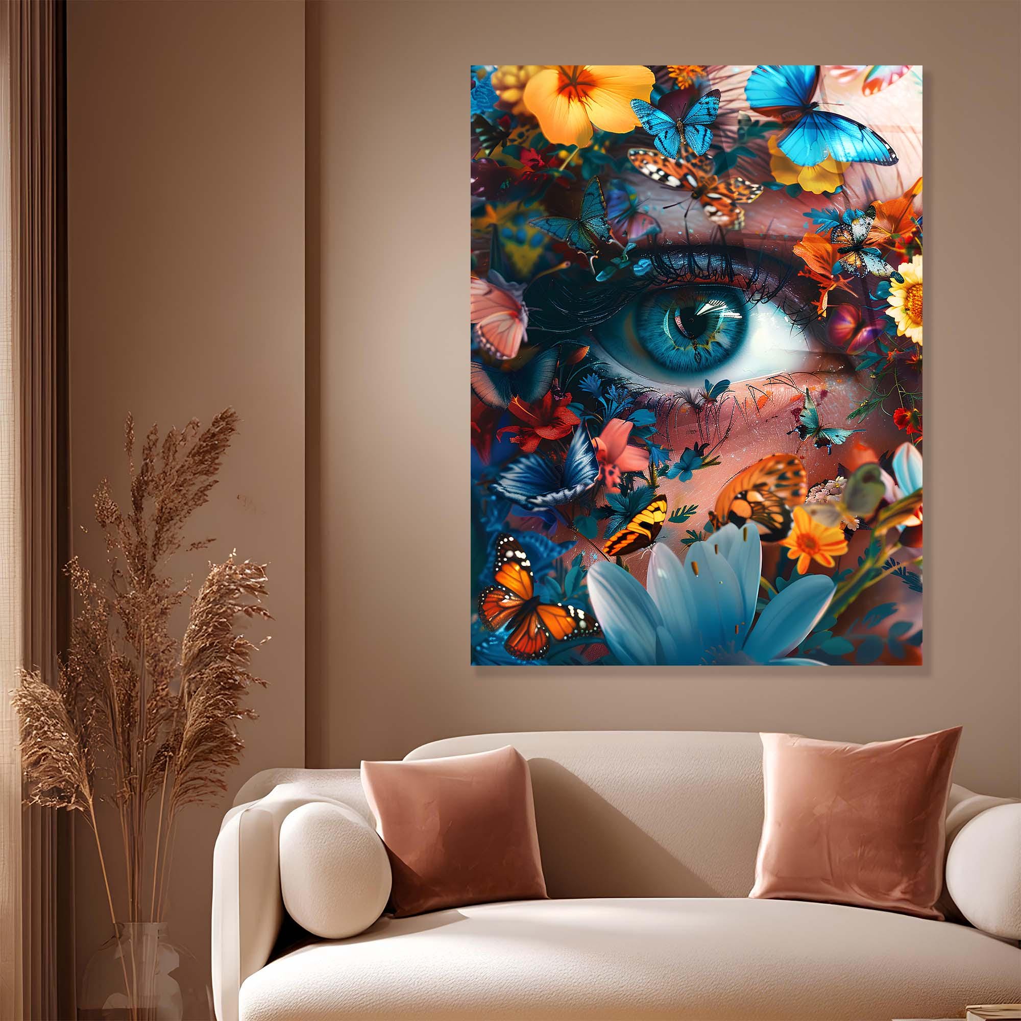 Butterfly Garden Eye Tempered Glass Wall Art | Surreal Botanical Decor