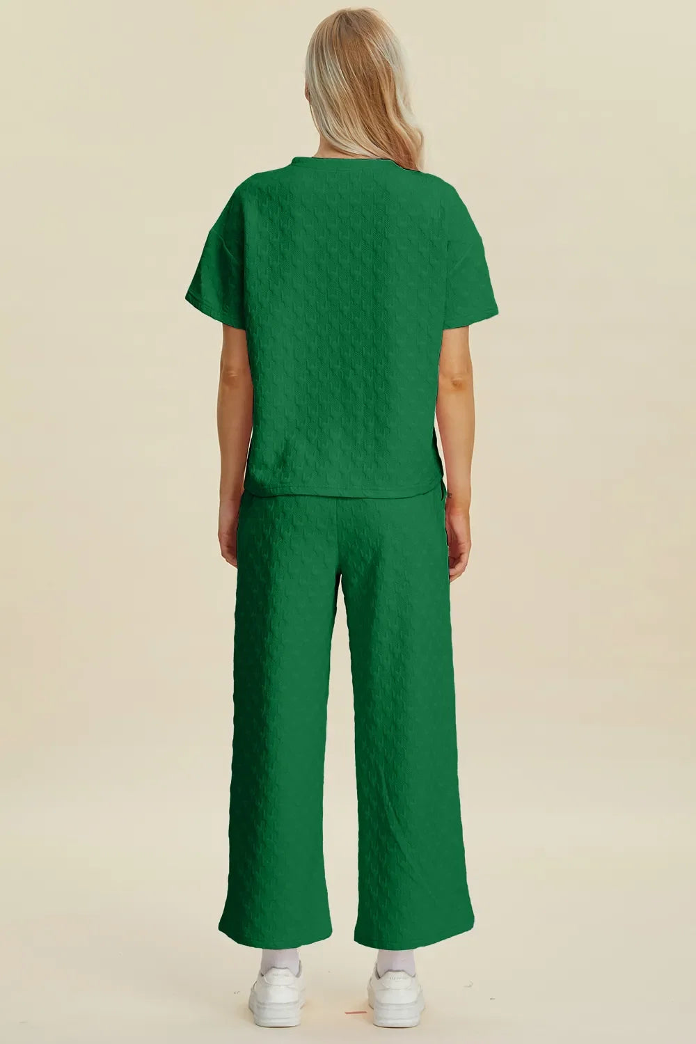 Double Take Full Size Texture Round Neck Short Sleeve Top and Pants Set