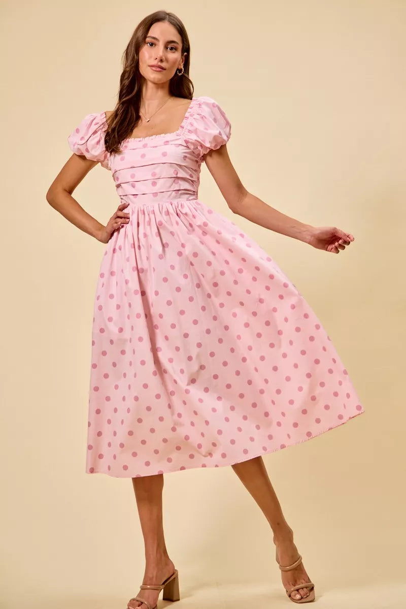 SO ME Polka Cotton Print Short Sleeves Midi Dress