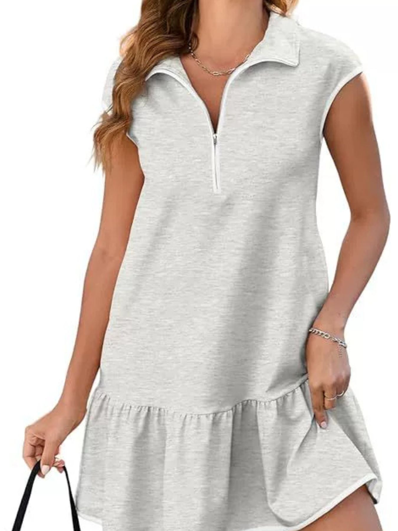 Zip Front Cap Sleeve Ruffle Hem Dress