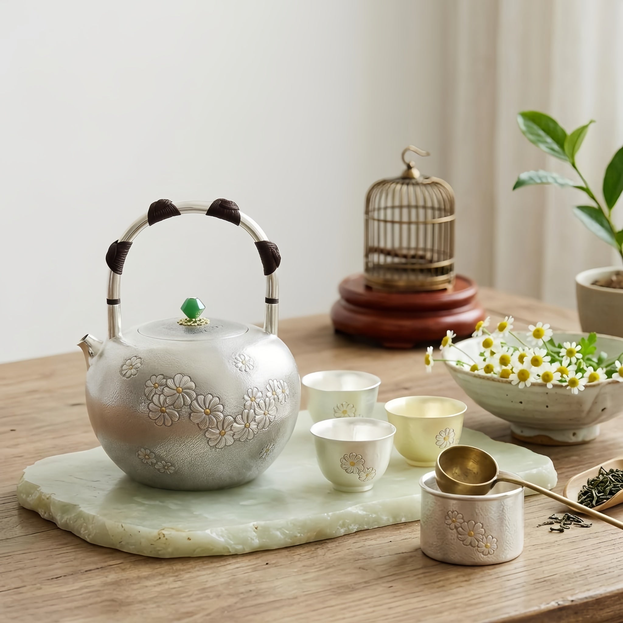 Pure 999 Fine Silver Handcrafted Sterling Silver Teapot with Floral Reliefs and Green Gemstone Knob - Handicraft