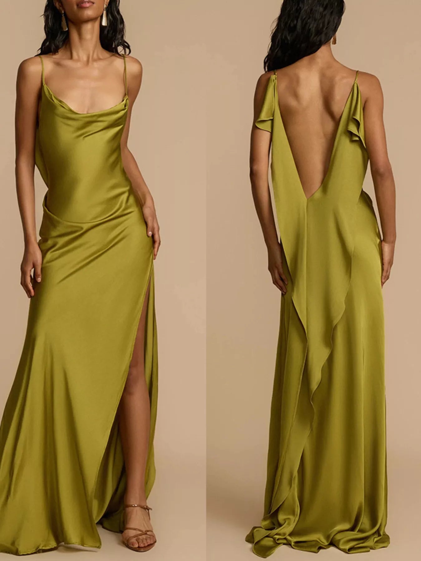 Satin Cowl Neck Slit Maxi Dress