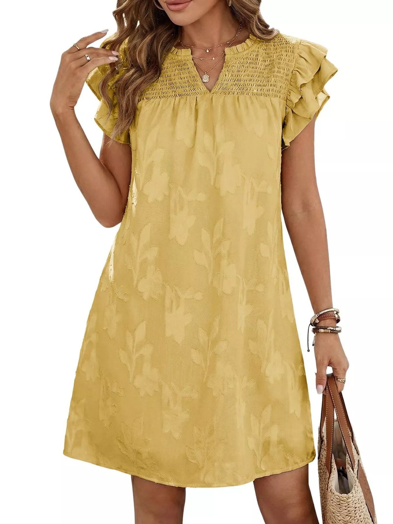 Floral Embossed Ruffle Sleeve Mini Dress