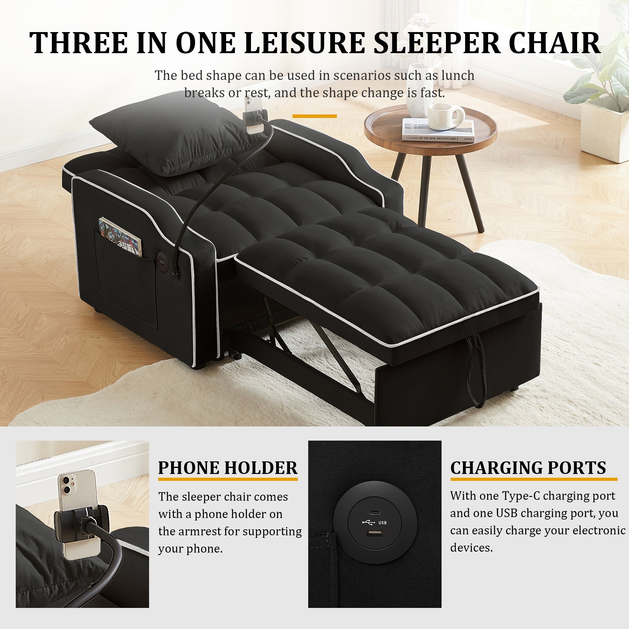 Sleeper Sofa Chair Bed - 3 In 1 Convertible Design
