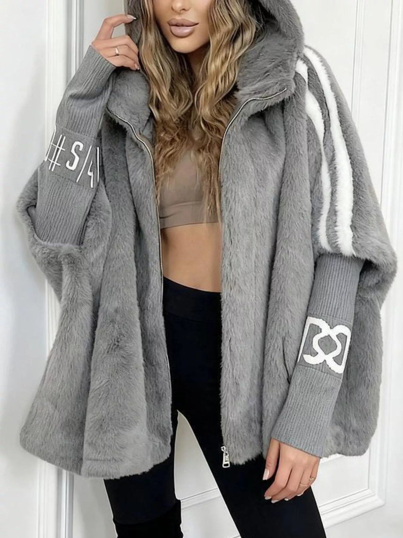Hooded Faux Fur Striped Trim Outerwear