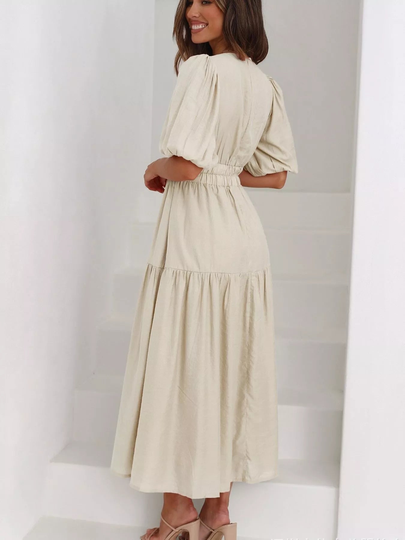 V-Neck Puff Sleeve Midi Dress