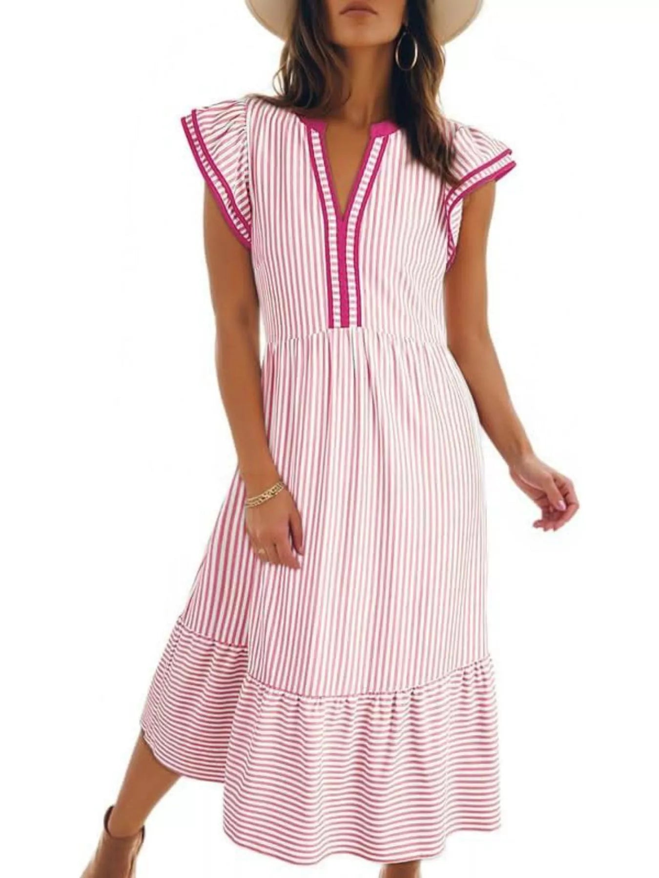 Striped Ruffle Sleeve Midi Dress