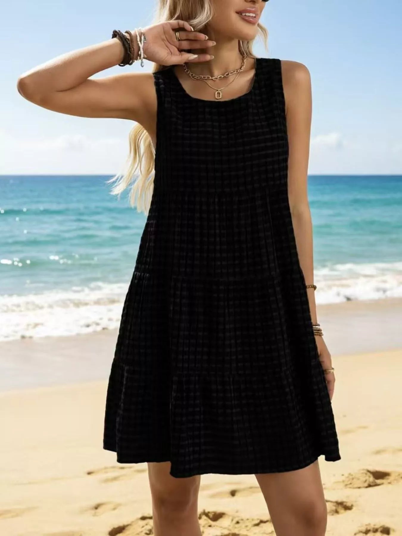 Textured Sleeveless Tiered Mini Dress
