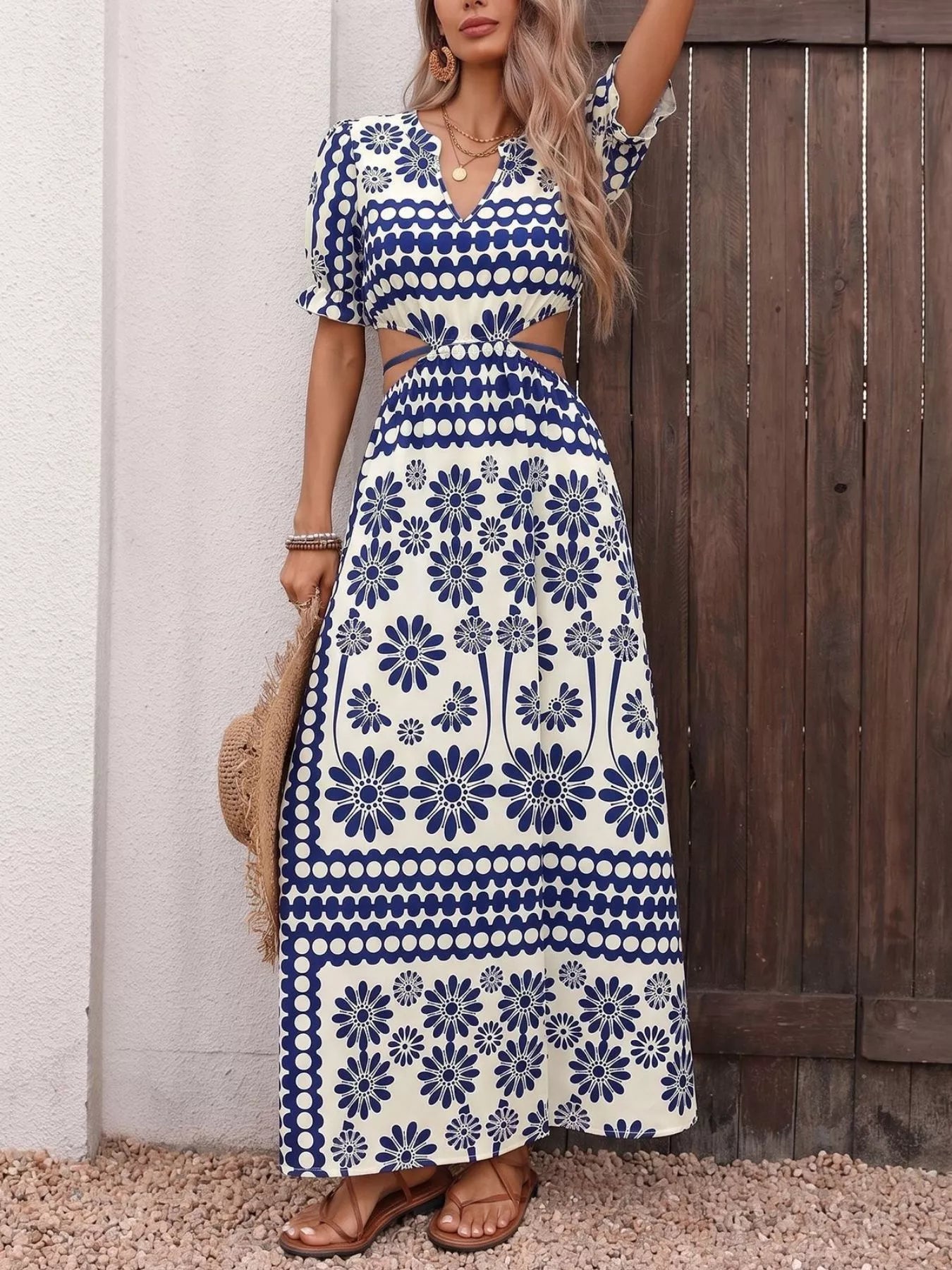 Floral Print Cutout Waist Maxi Dress