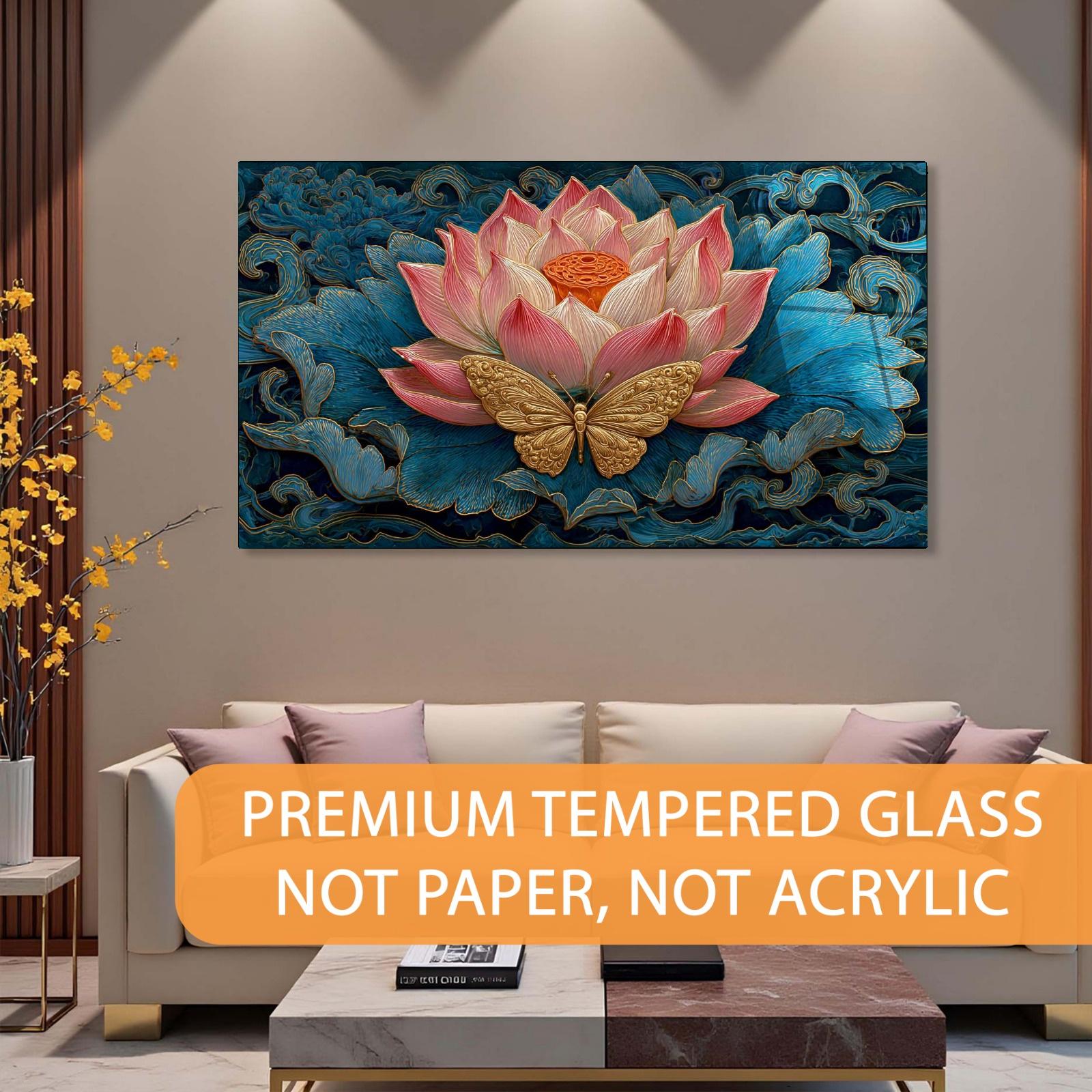 Lotus Butterfly Tempered Glass Wall Art | Asian Inspired Décor