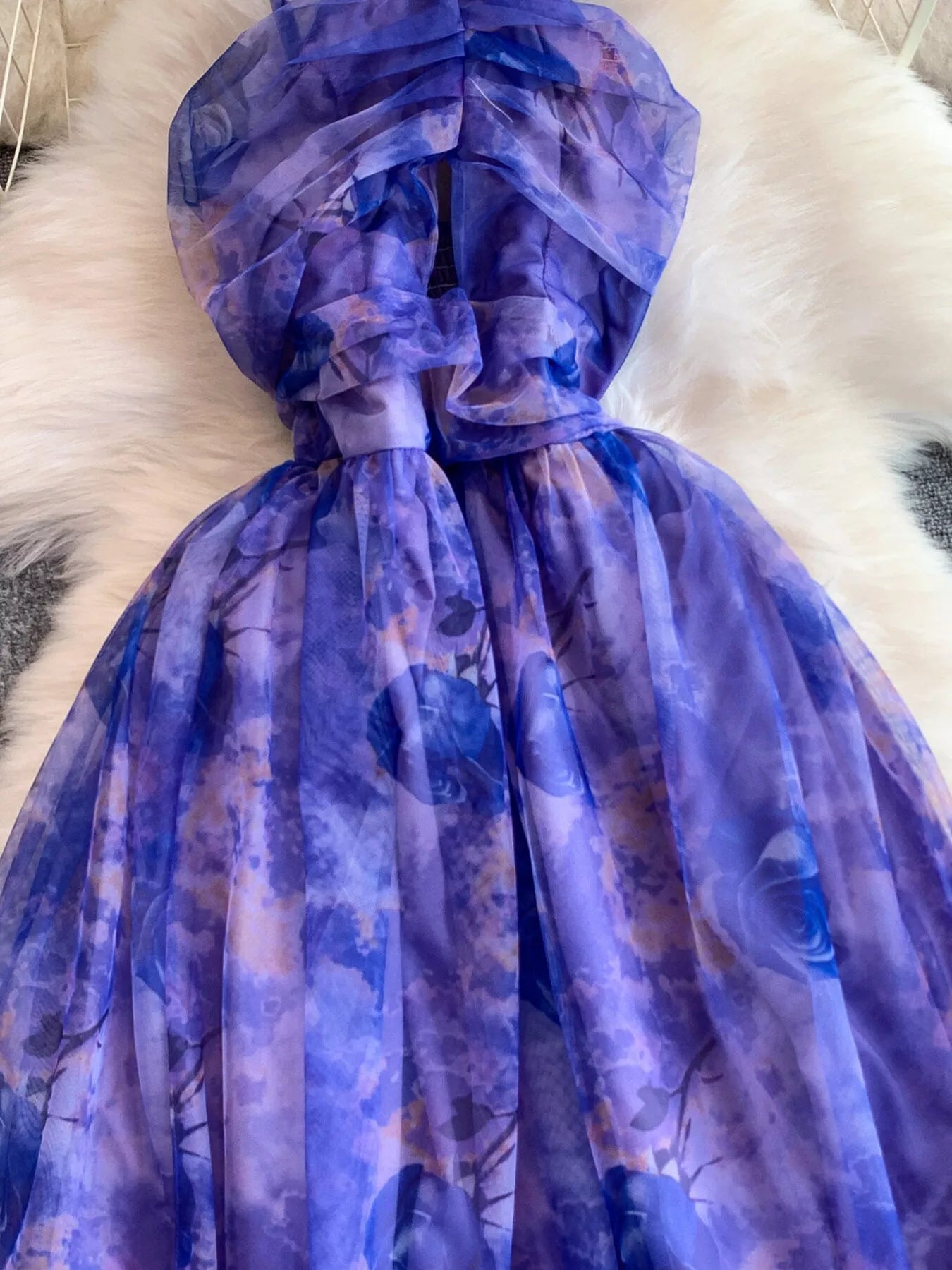 Floral Print Ruffled Layered Mesh Dress