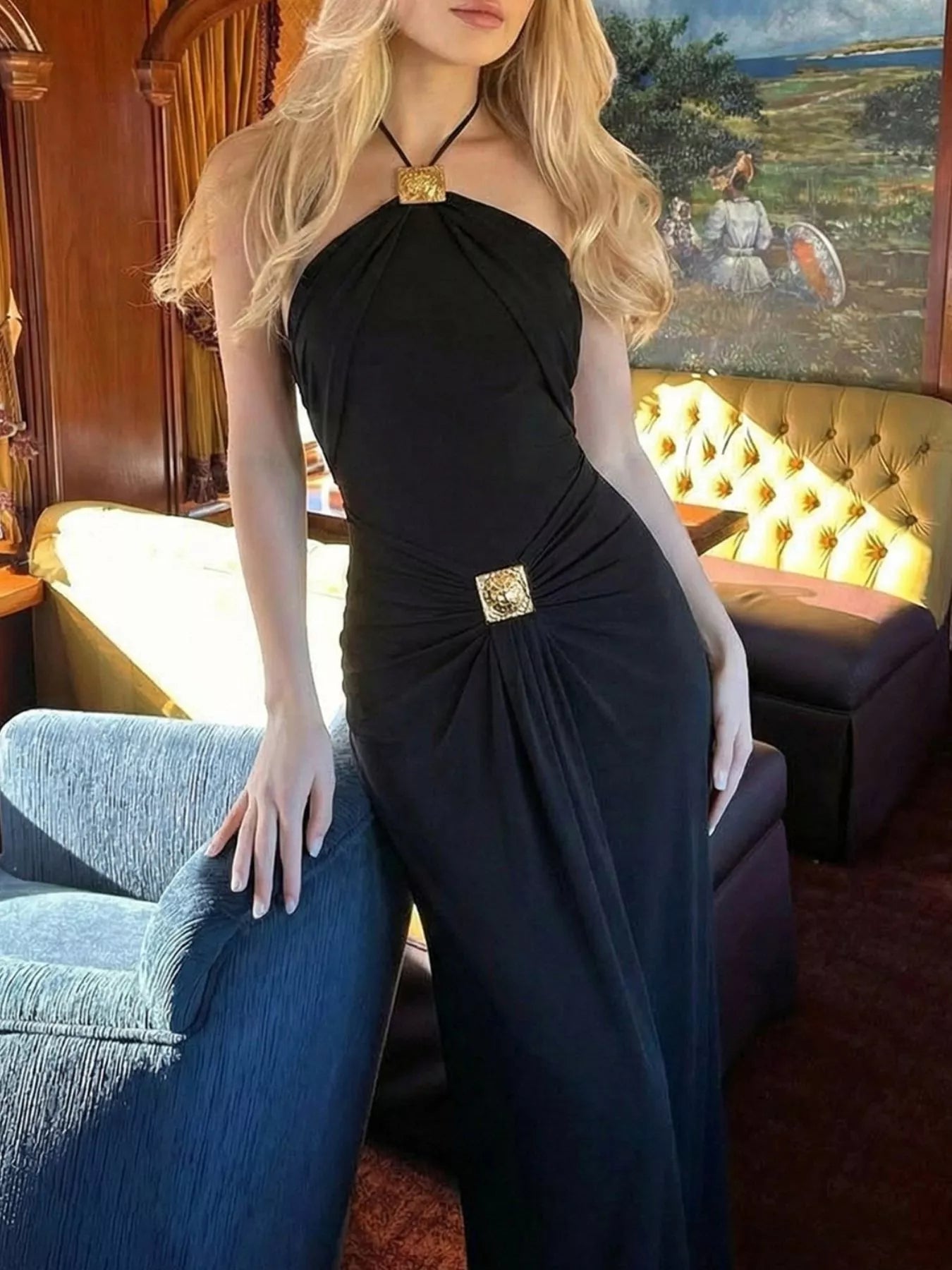 Backless Ruched Halter Neck Maxi Dress