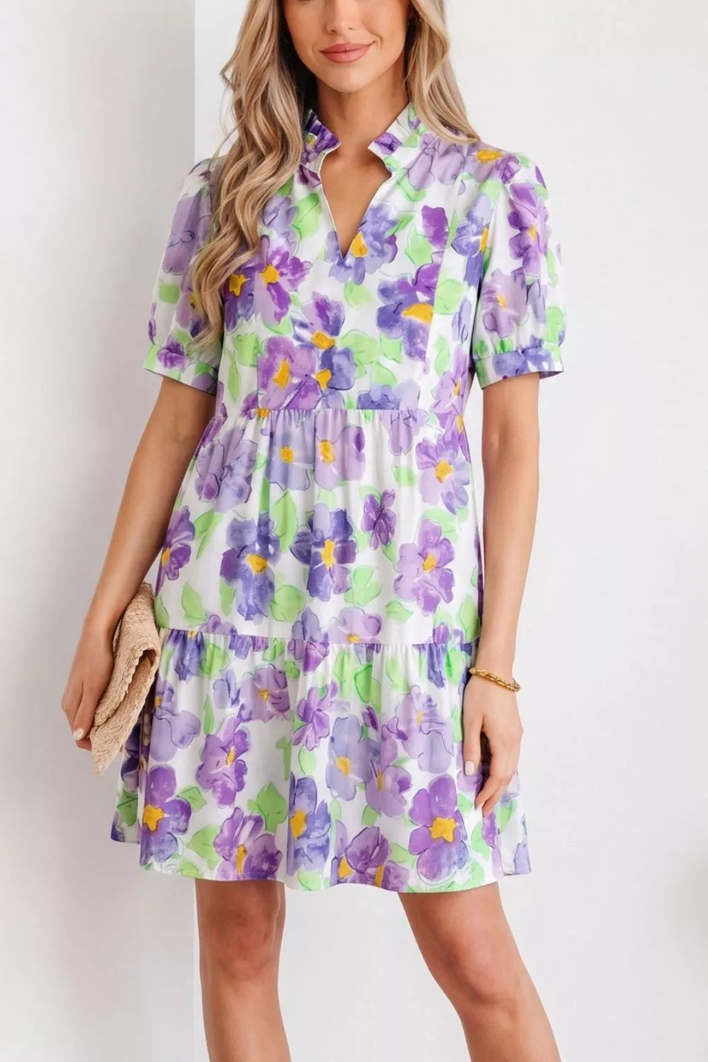 Floral V Collar Short Sleeve Tiered Ruffle Mini Dress
