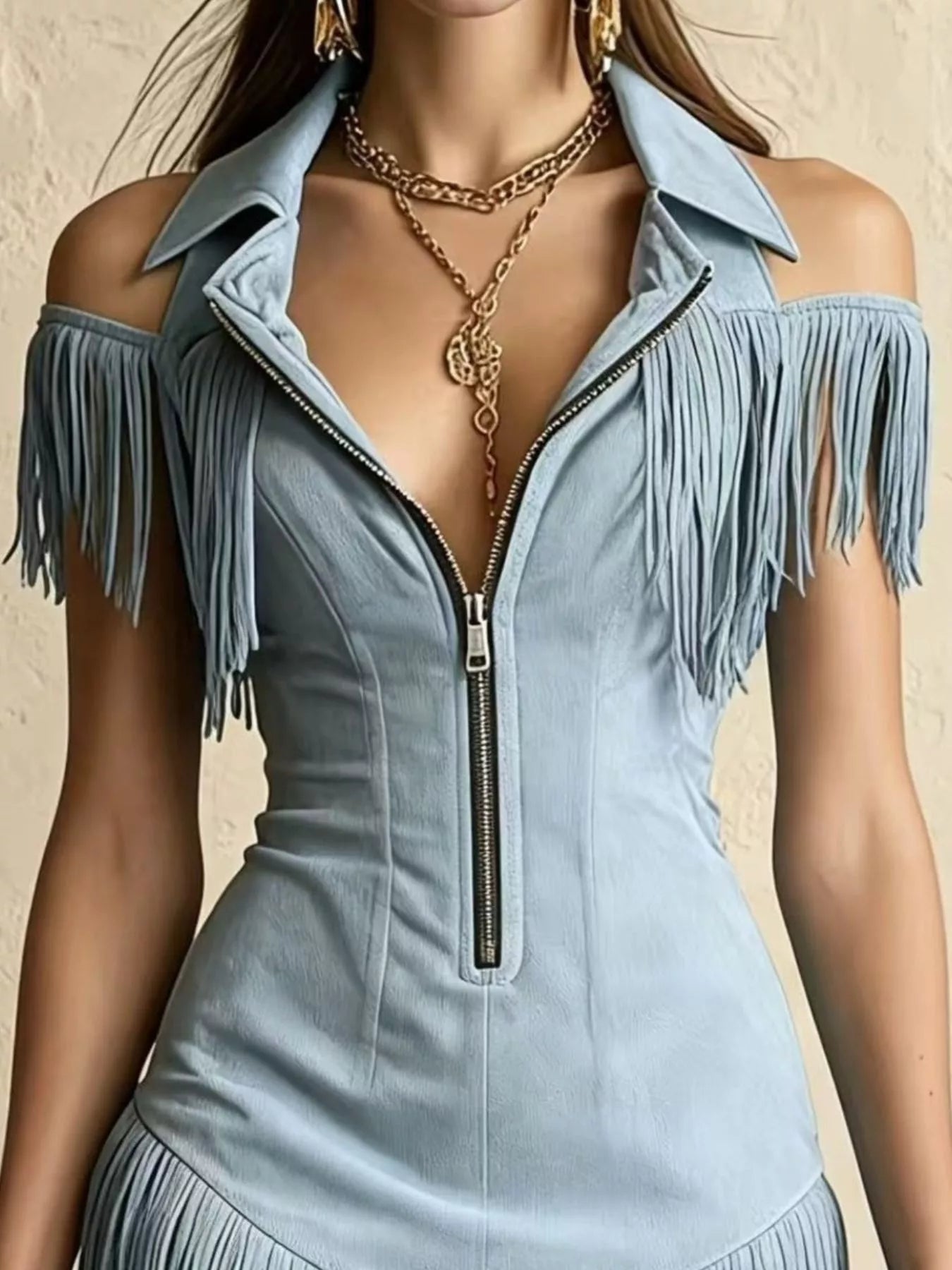 Fringed Cold Shoulder Mini Dress