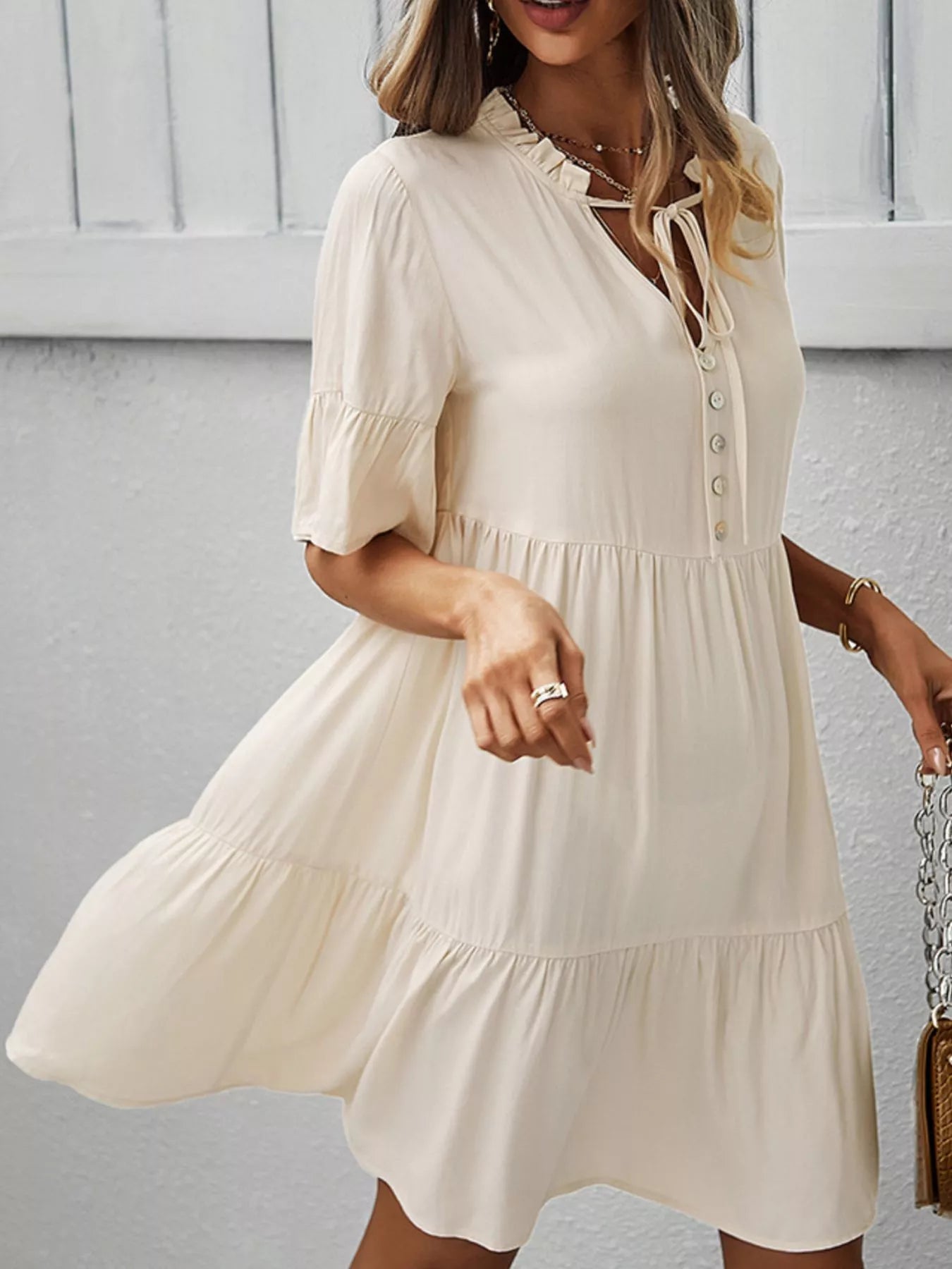 Boho Ruffle Sleeve Button Down Tiered Mini Dress