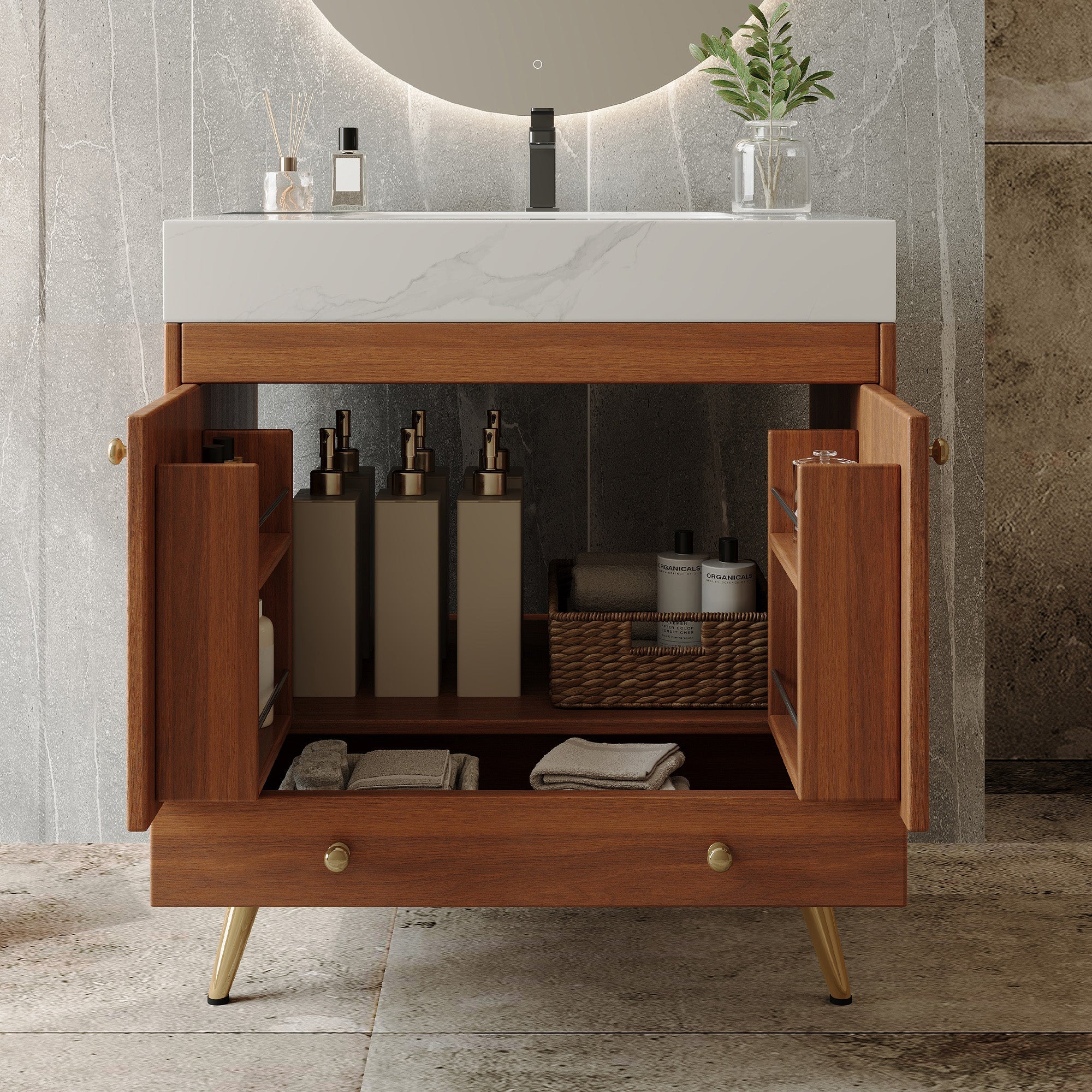 Mid-Century Freestanding Bathroom Vanity with Faux Marble Top