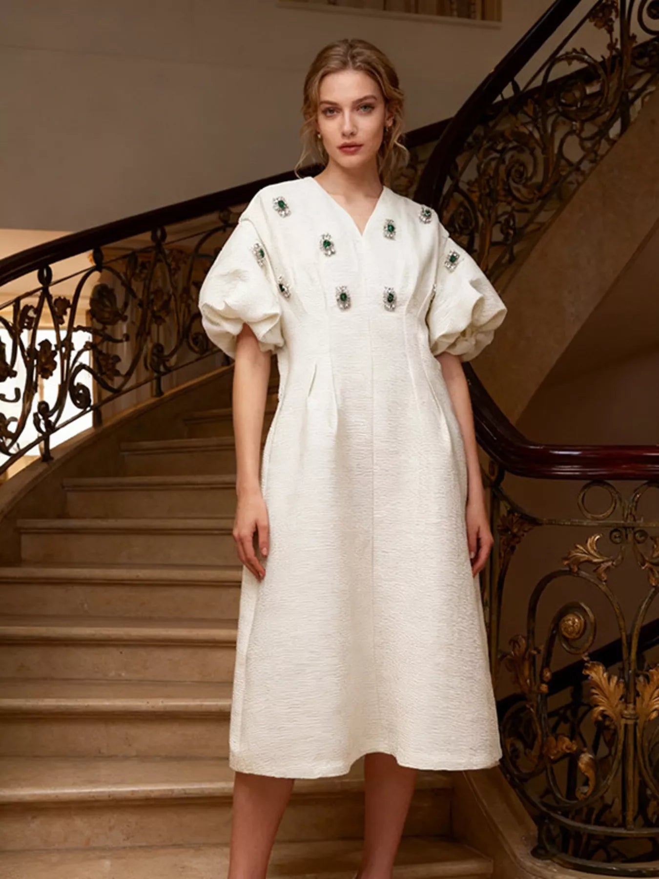Embellished Puff Sleeve Midi Dress