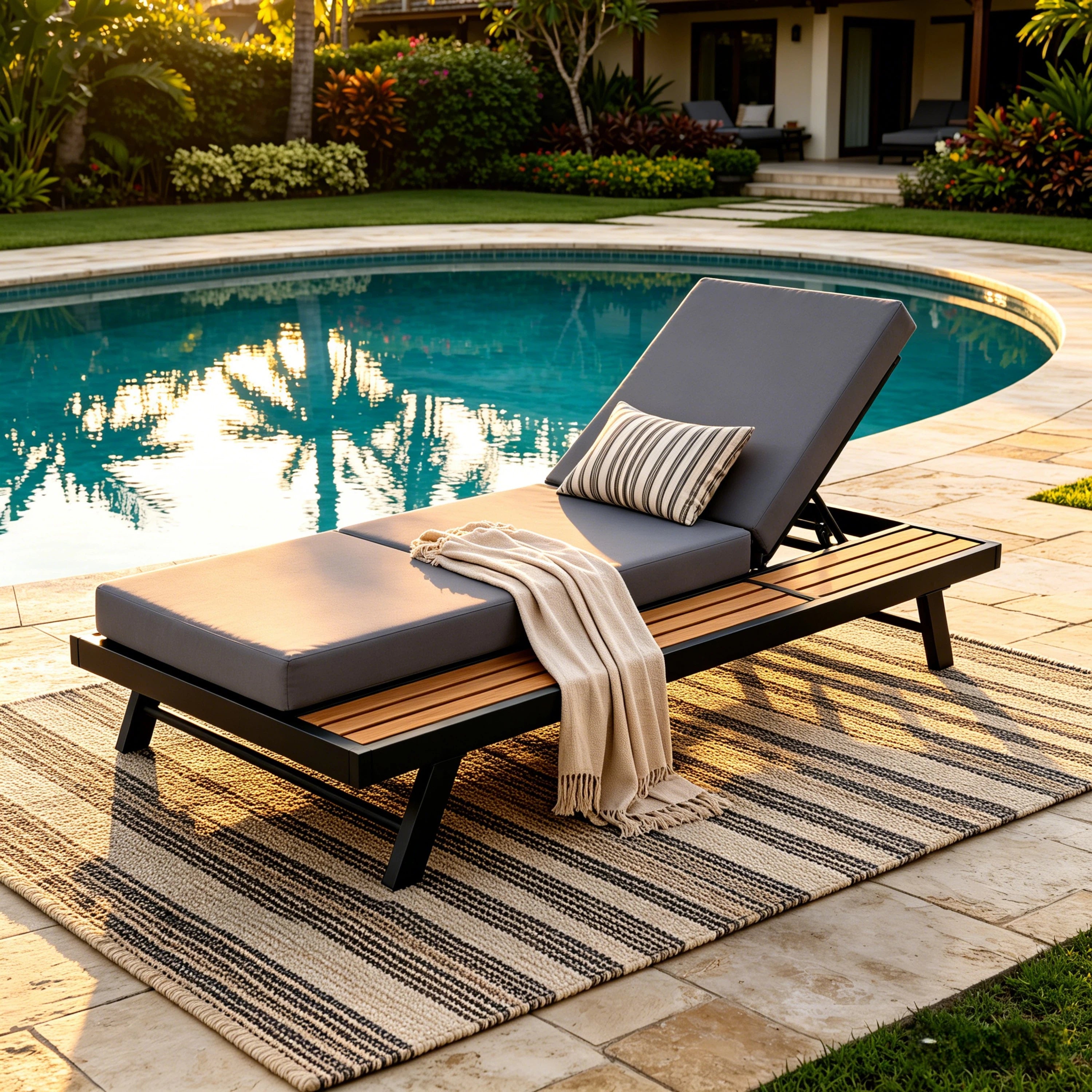 Black Iron + Teak Finish Chaise Lounge Set with Dark Grey Cushion