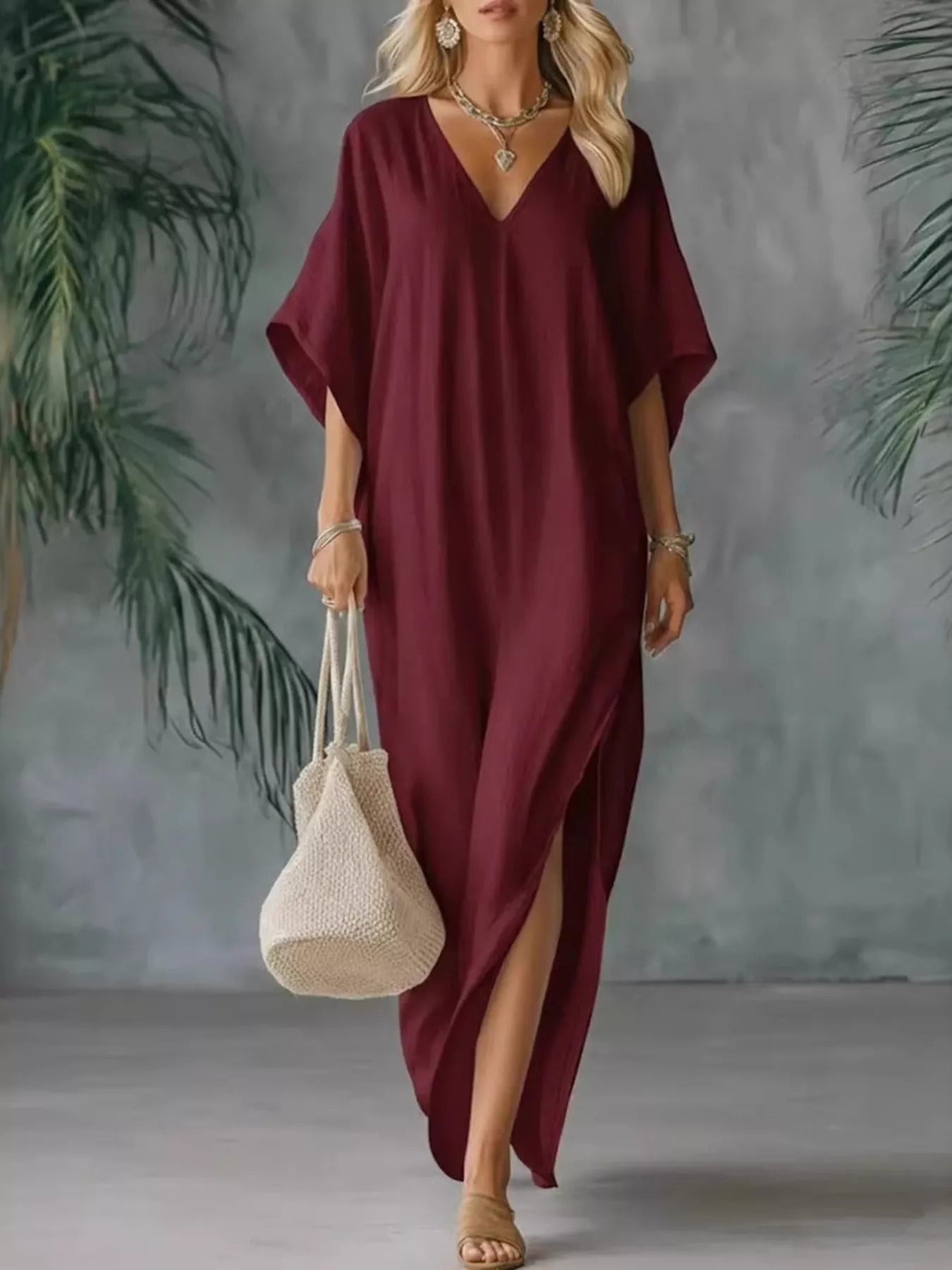 Full Size V-Neck Maxi Dress with Side Slits Plus Size