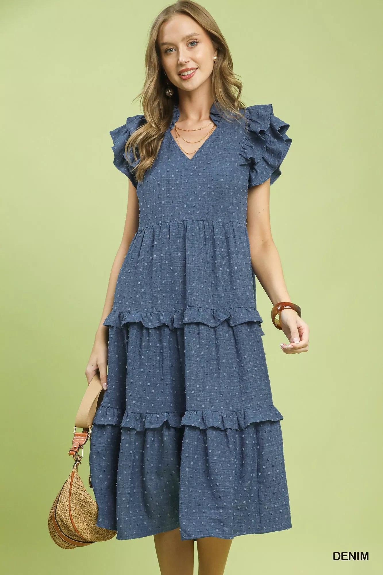 Umgee Textured Ruffle Sleeve Tiered Midi Dress