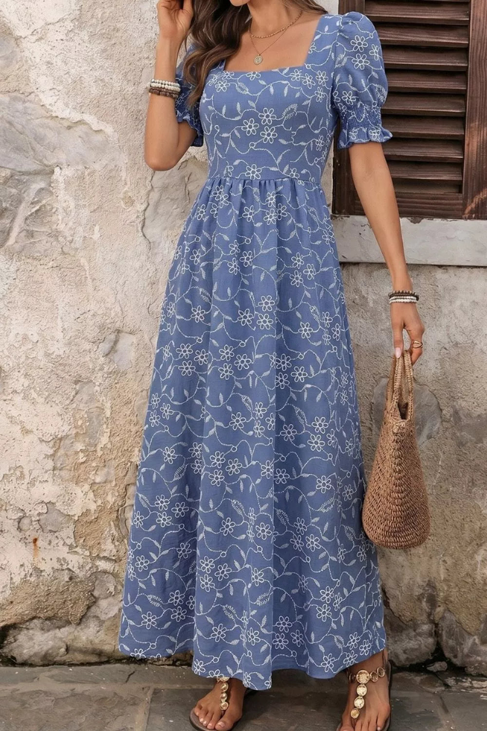 Square Neck Puff Sleeve Maxi Dress