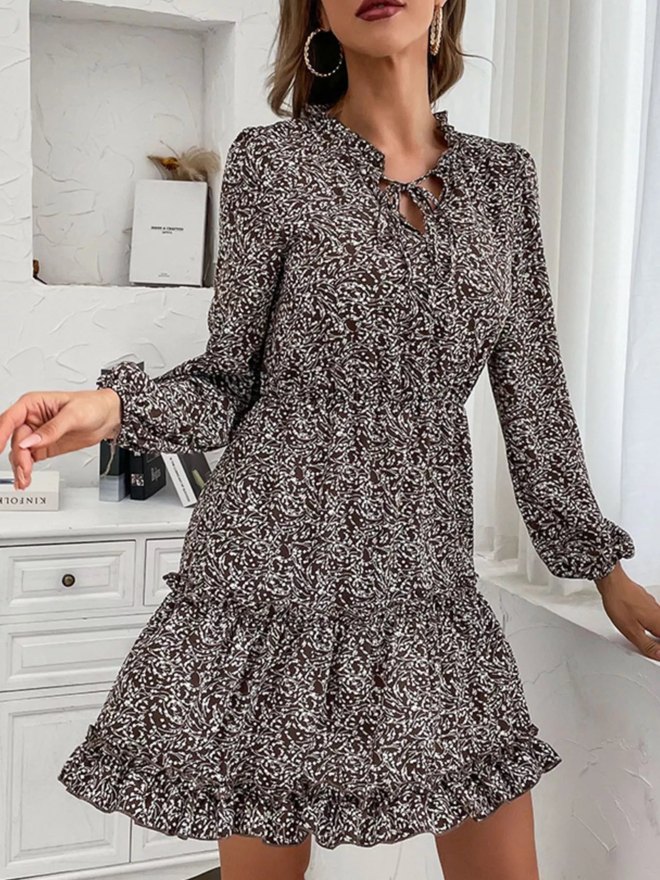 Ruffle Hem Tie Neck Mini Dress