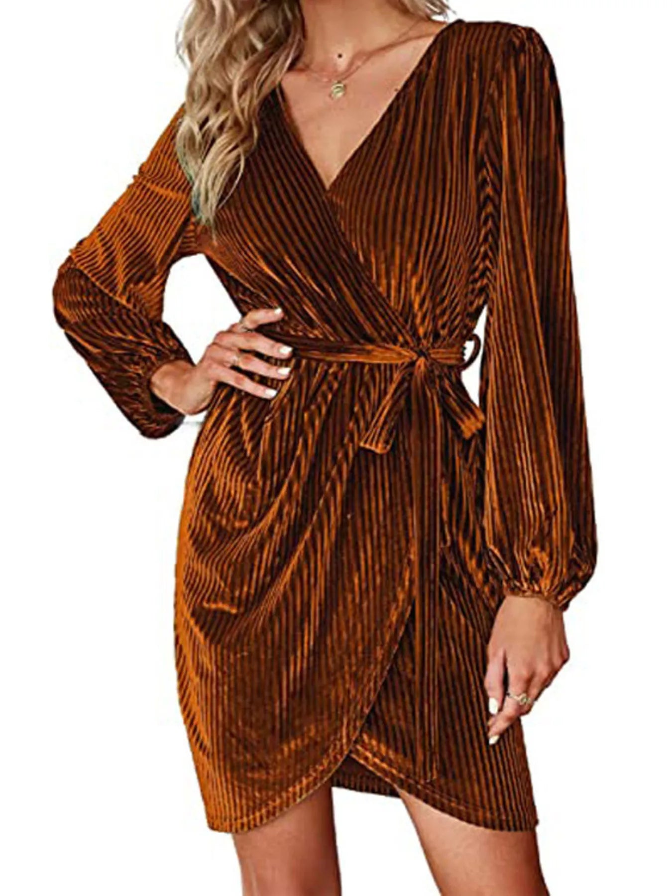 Surplice Long Sleeve Tie Waist Dress