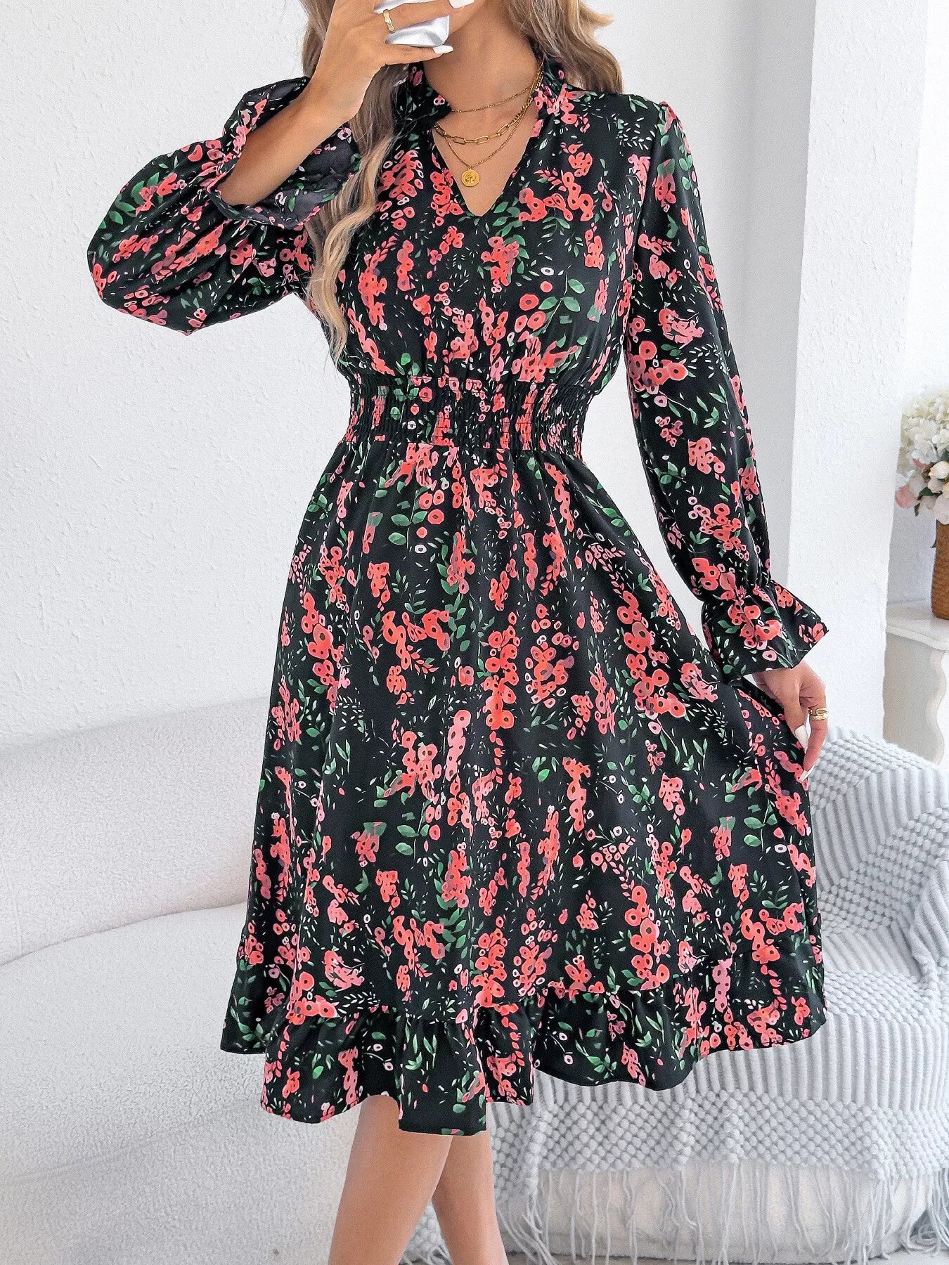 Floral Print Ruffle Hem Flounce Sleeve A-Line Dress