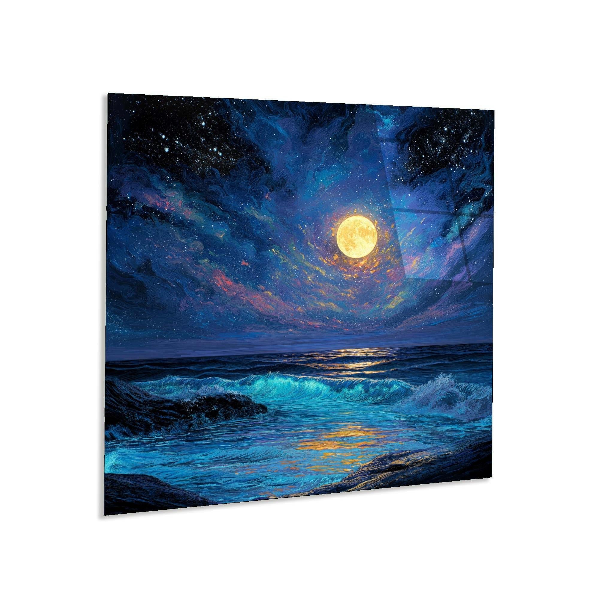 Moonlit Ocean Tempered Glass Wall Art | Coastal Living Room Decor
