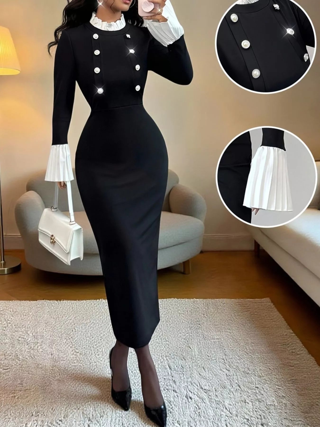 Two Tone Long Sleeve Midi Dress