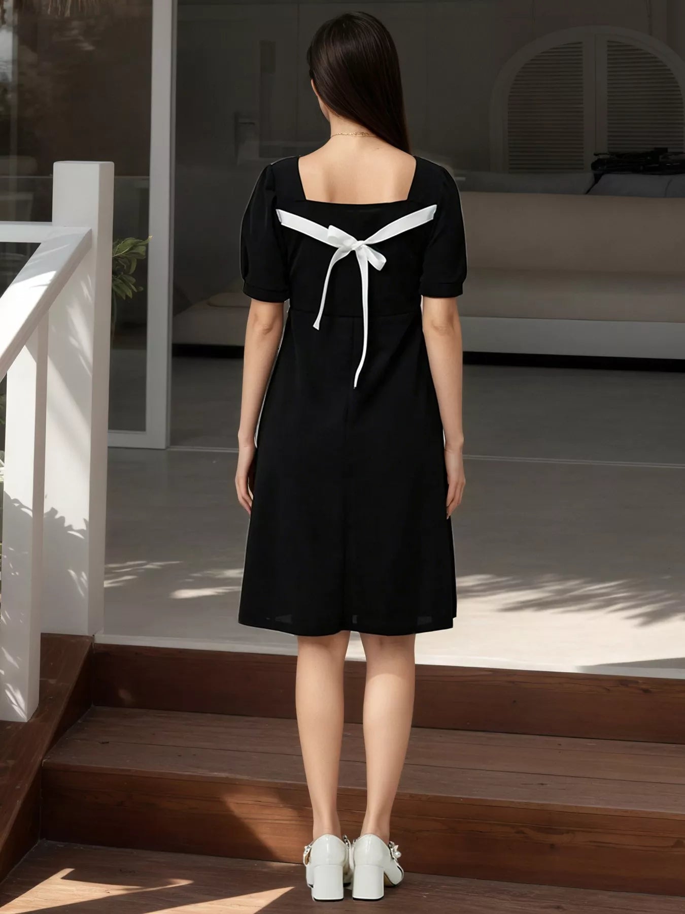 Puff Sleeve Bow Back Mini Dress