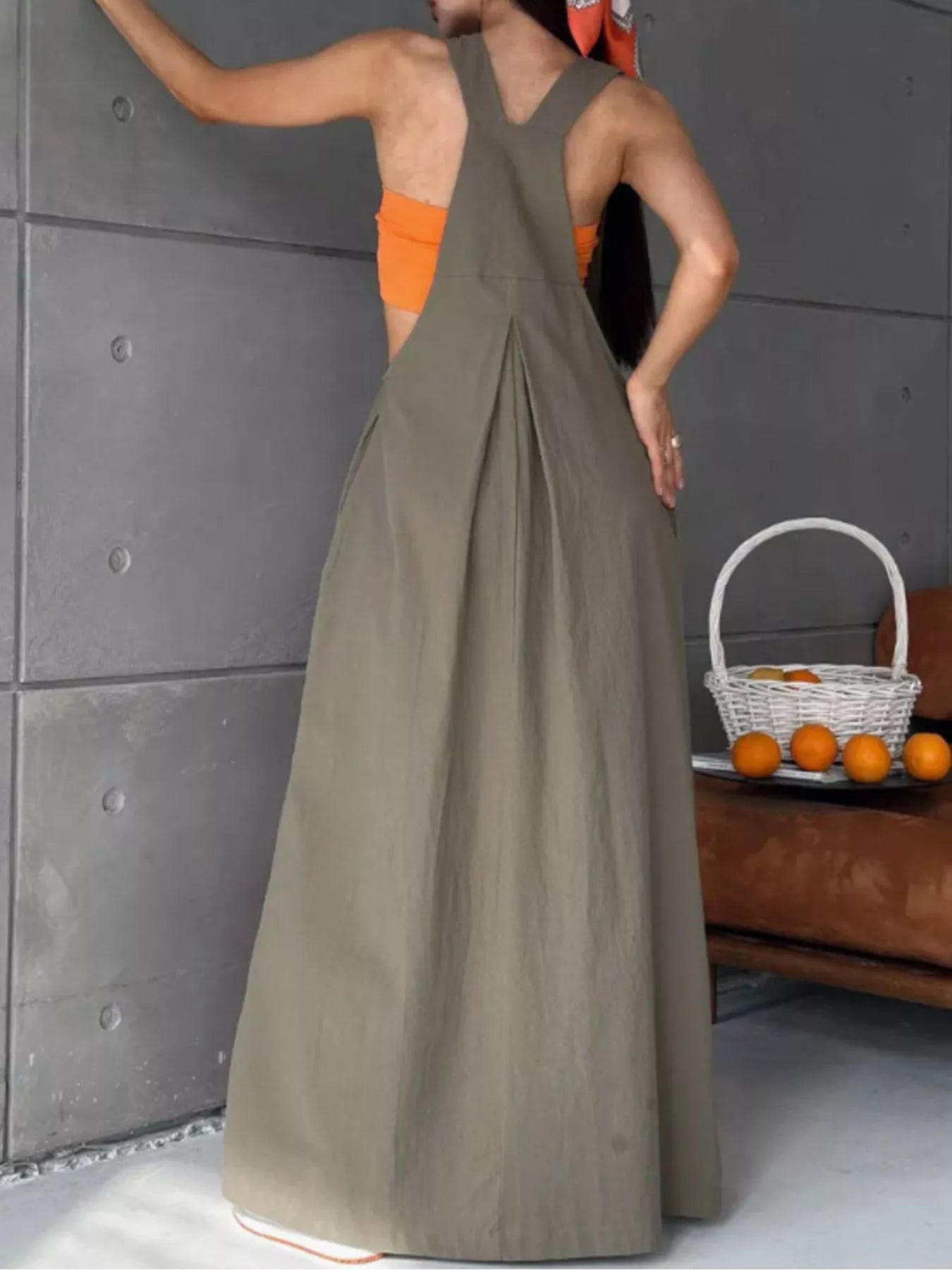 Pleated Overall Dress with Pockets