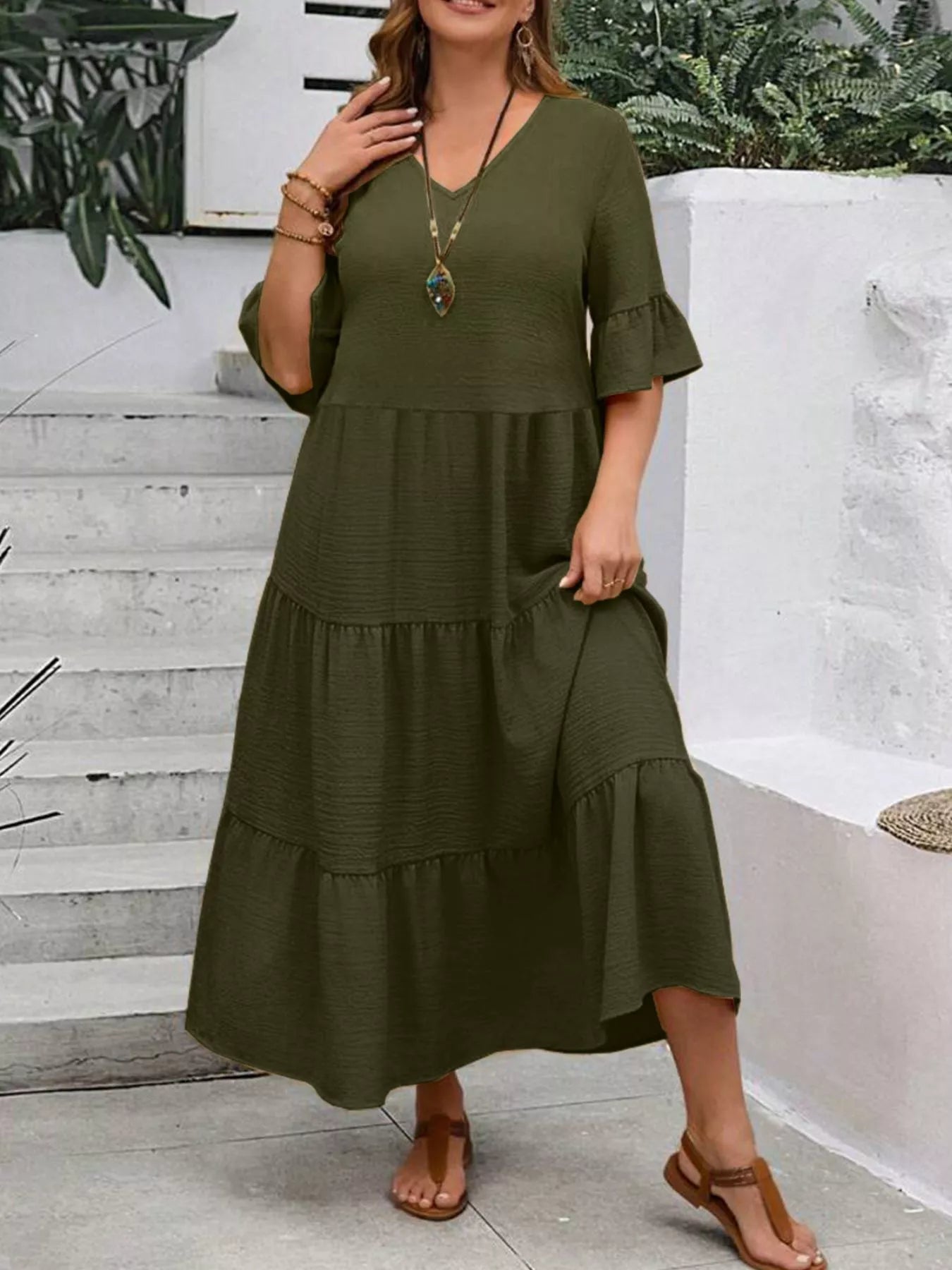 Plus Size Ruffle Sleeves Tiered Midi Dress