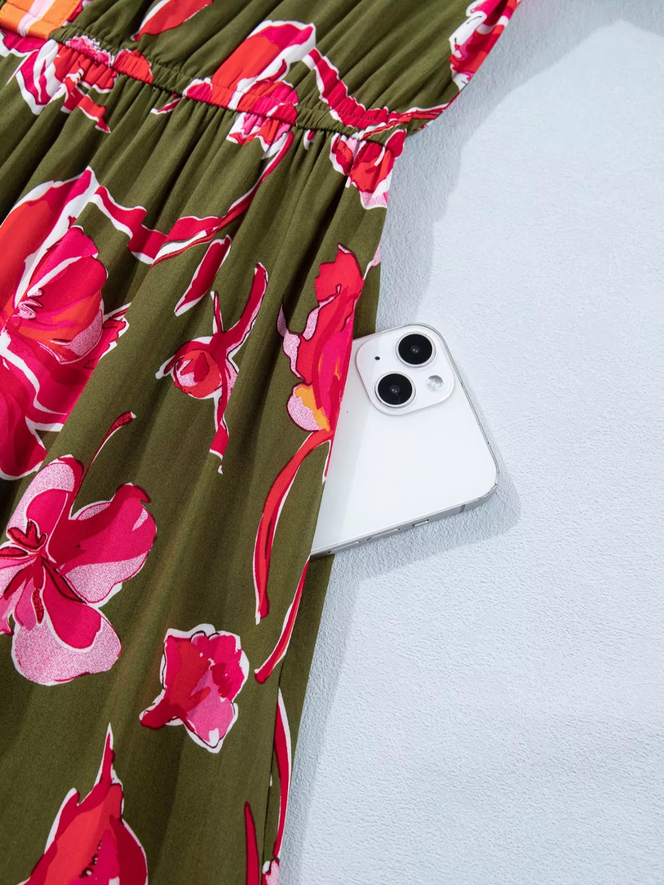 Floral Print Split Neck Short Puff Sleeve Ruffle Hem Dress