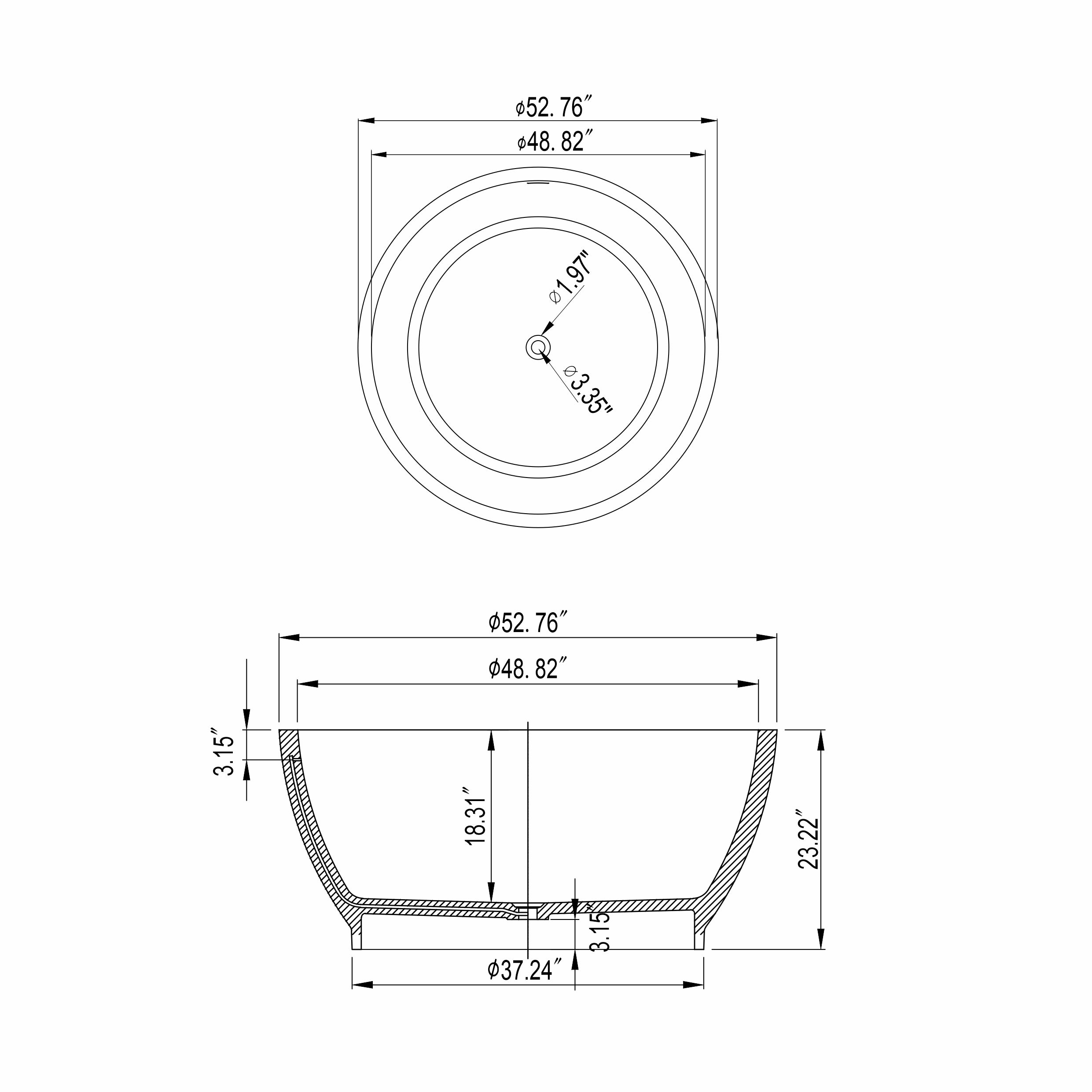 52.7 Inch Round Freestanding Solid Surface Soaking Bathtub