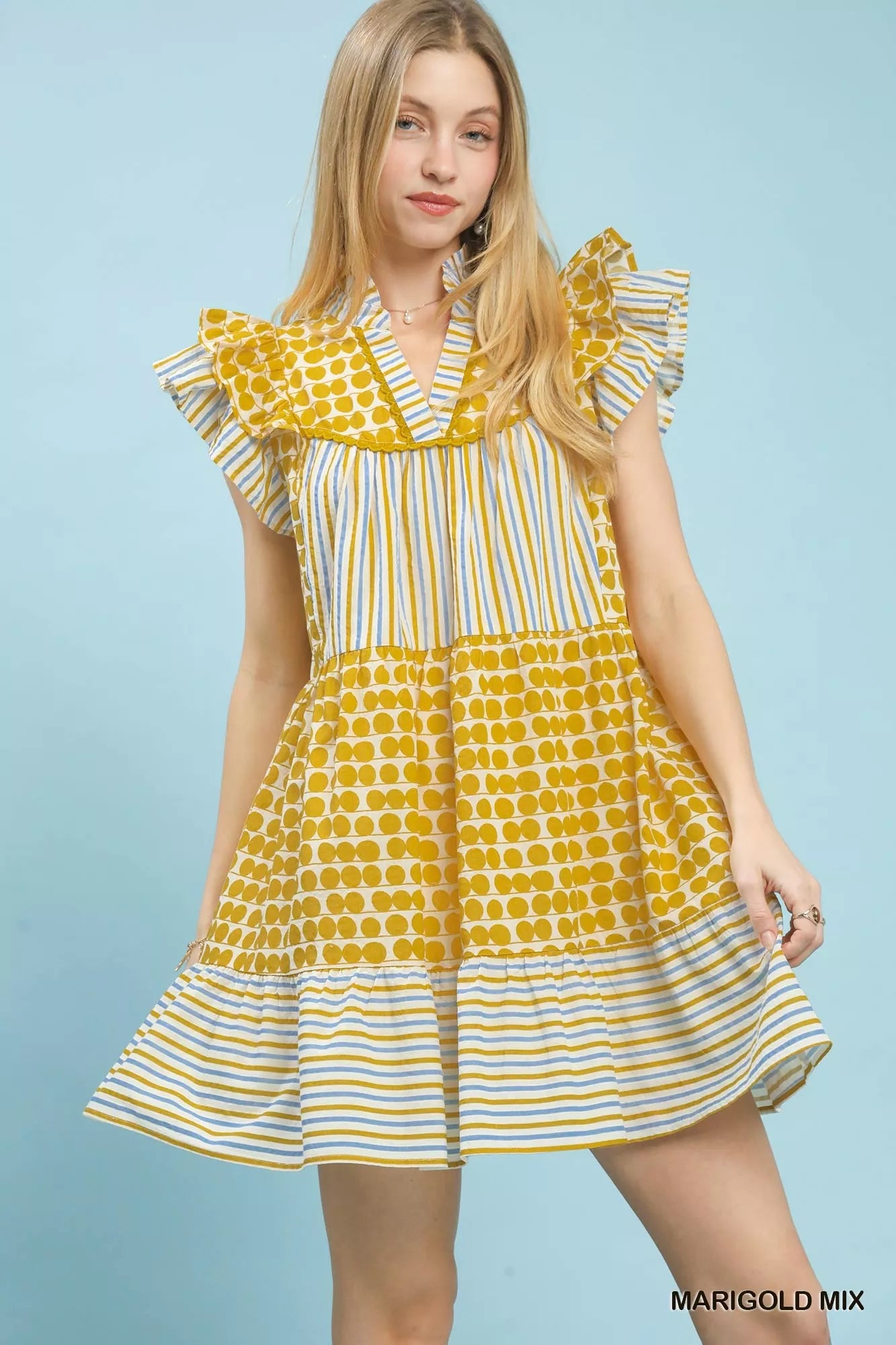 Umgee Mix Patchwork Flutter Sleeve Tiered Dress