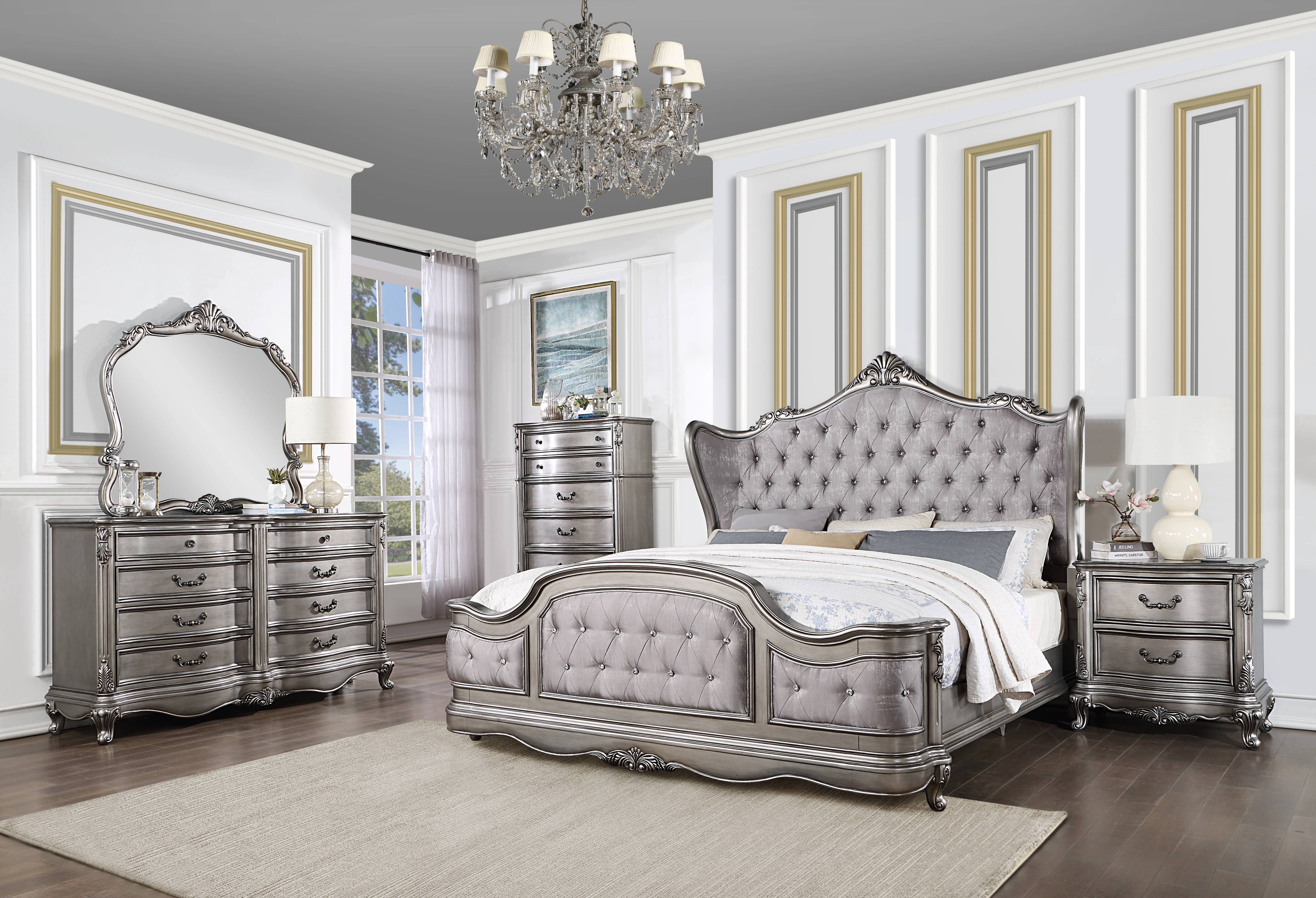Ariadne Velvet & Antique Platinum Finish Eastern King Bed