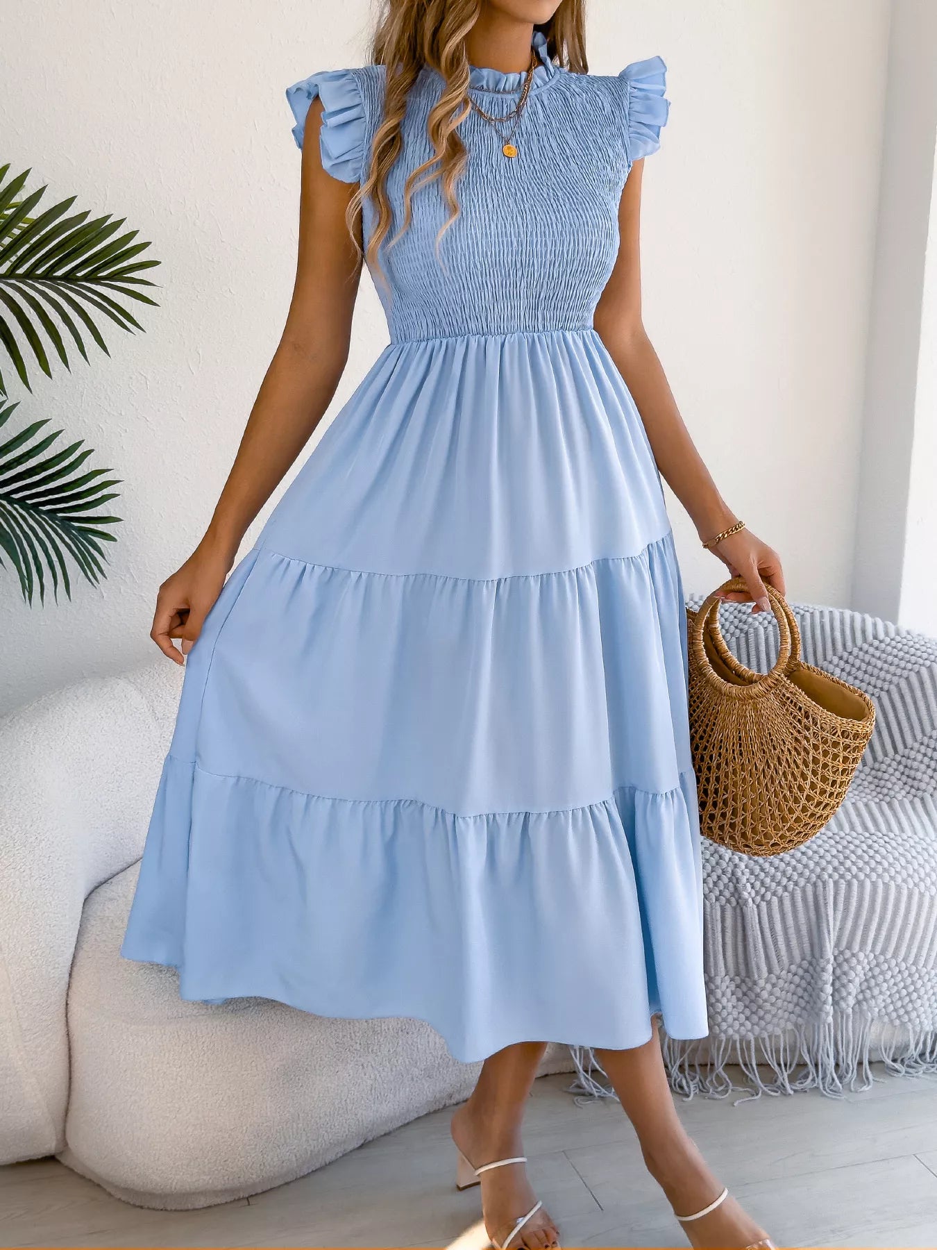 Smocked Ruffled Cap Sleeve Dress