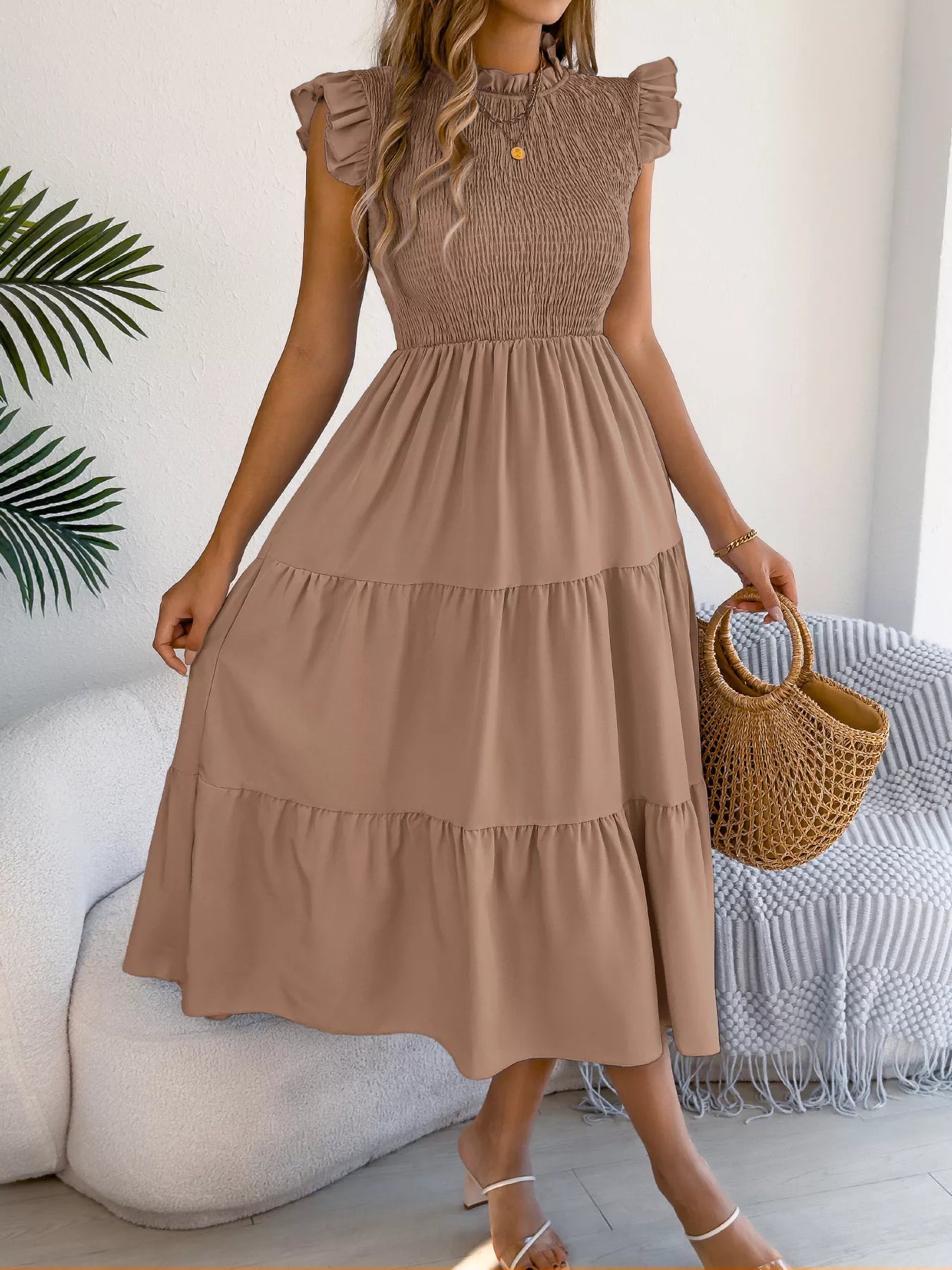 Smocked Ruffled Cap Sleeve Dress