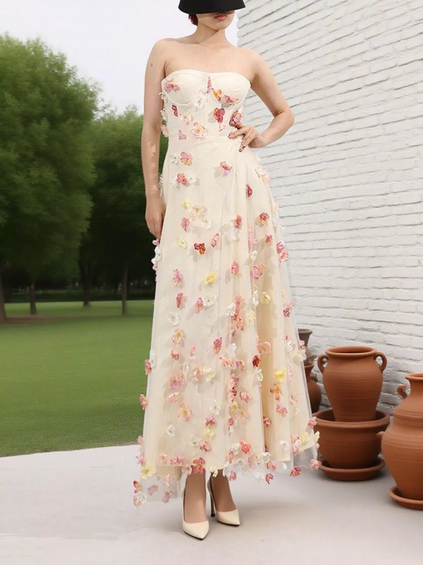 Floral Applique Strapless Tulle Maxi Dress