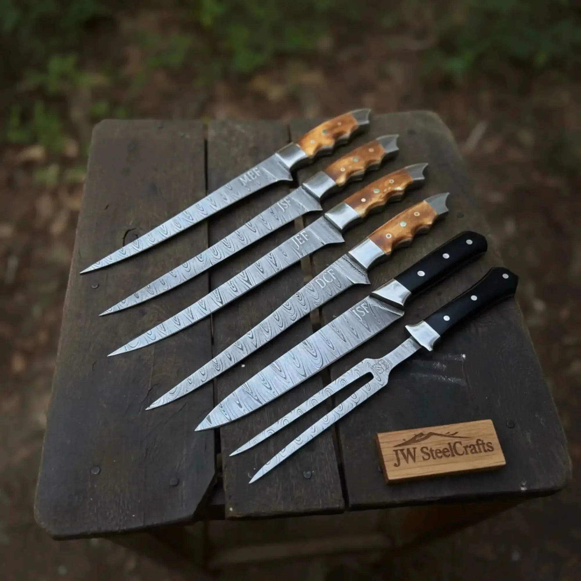 Handmade Damascus Boning & Fillet Knife Set with Black and Orange Resin Handles