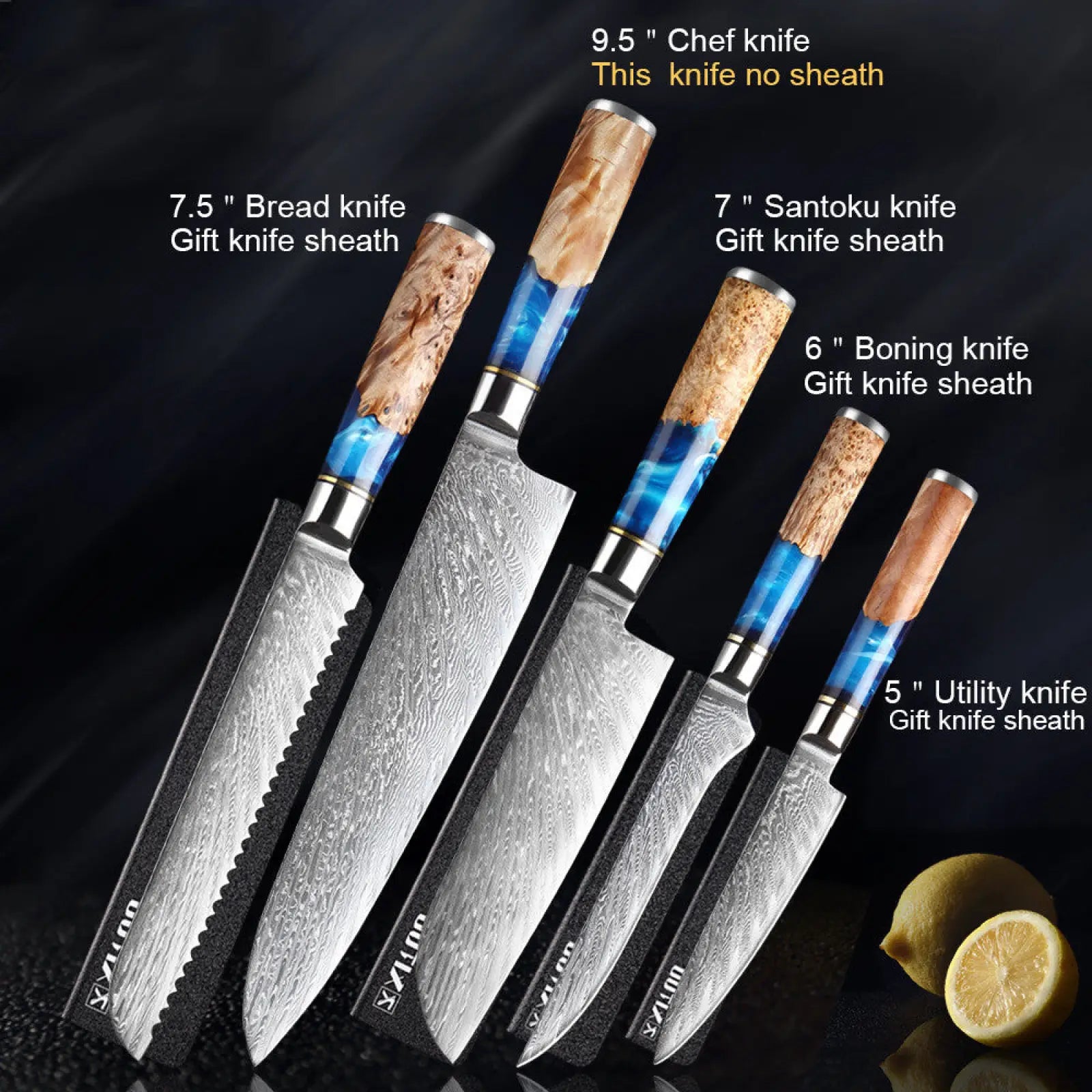 Damascus Chef Knife Set Blue Resin Handle 7 Piece