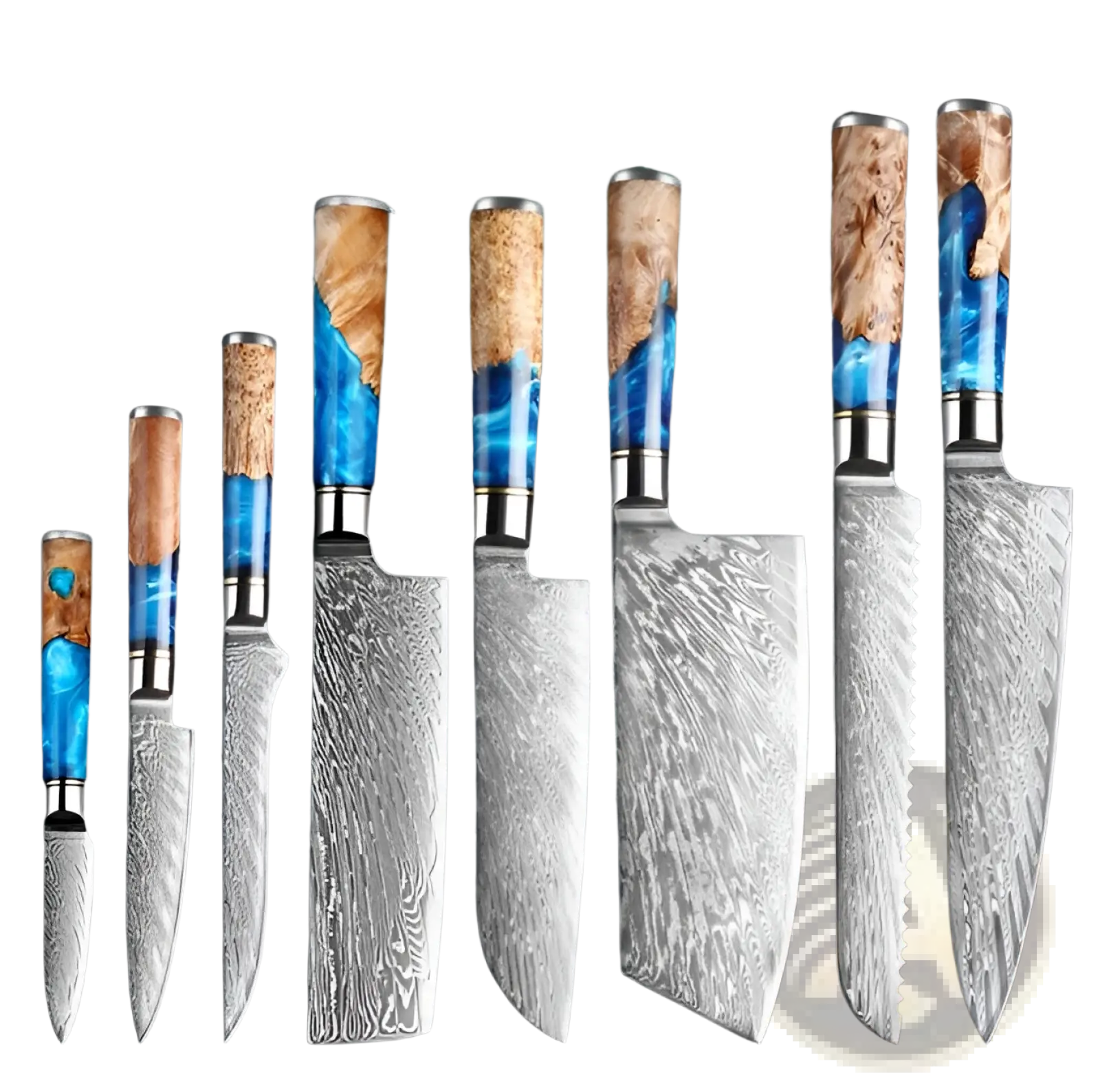 Damascus Chef Knife Set Blue Resin Handle 7 Piece