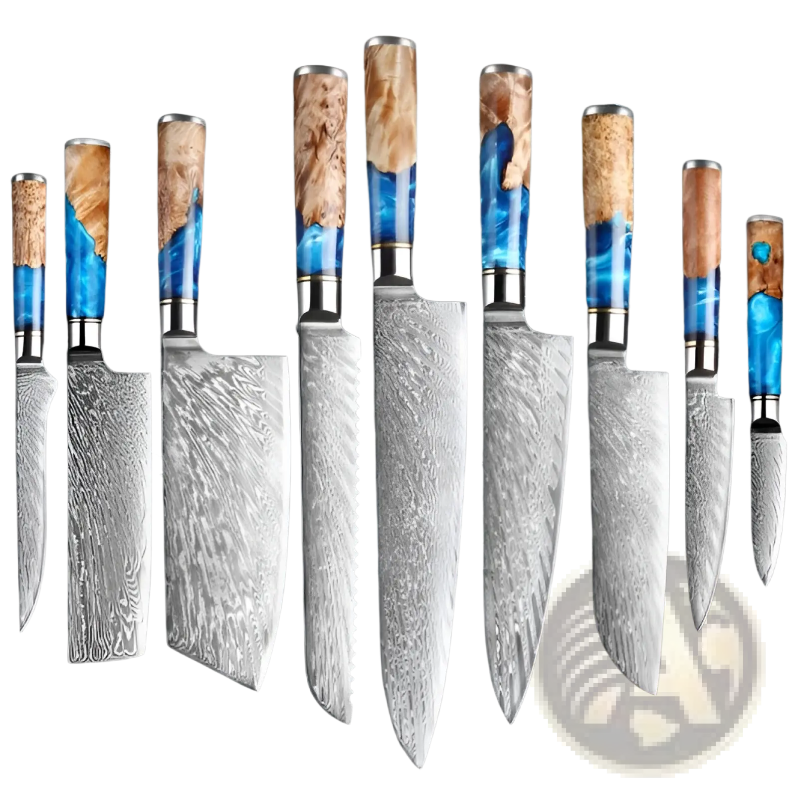 Damascus Chef Knife Set Blue Resin Handle 7 Piece