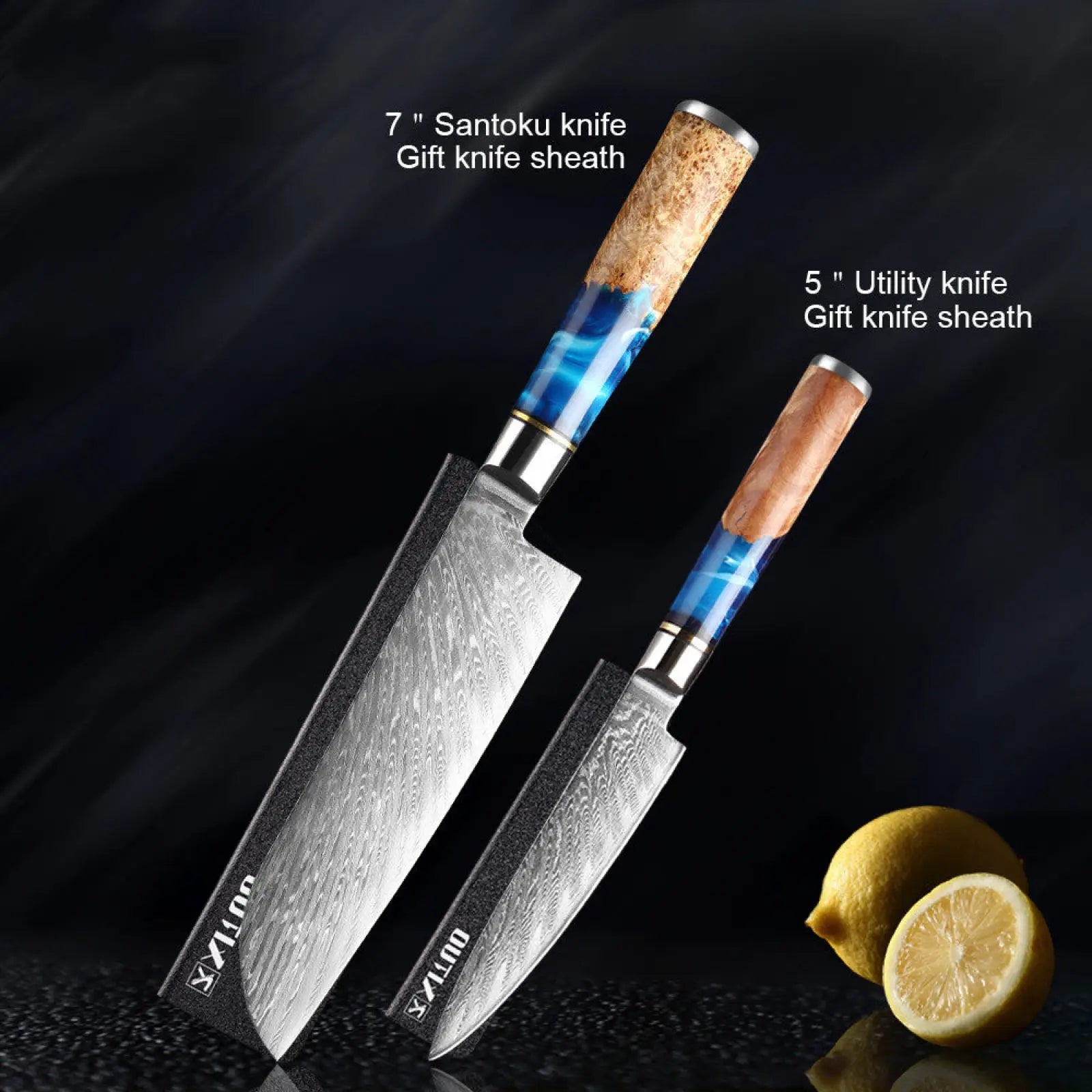 Damascus Chef Knife Set Blue Resin Handle 7 Piece