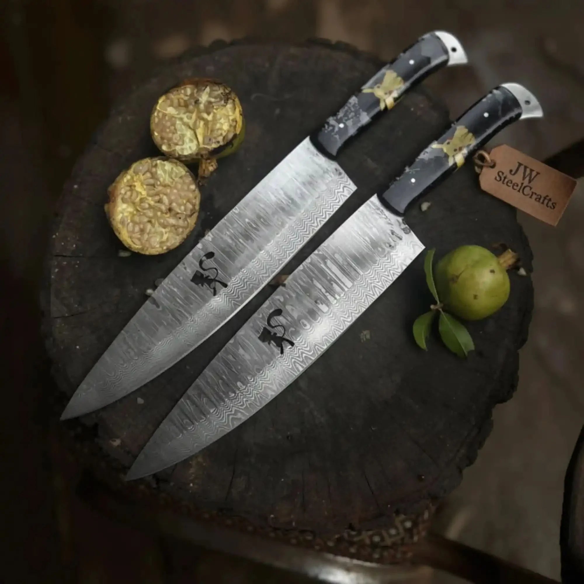 The Cerulean Forge — Handcrafted Damascus Chef Knife Set | 2-Piece | Blue Resin & Stainless Steel | JW SteelCrafts