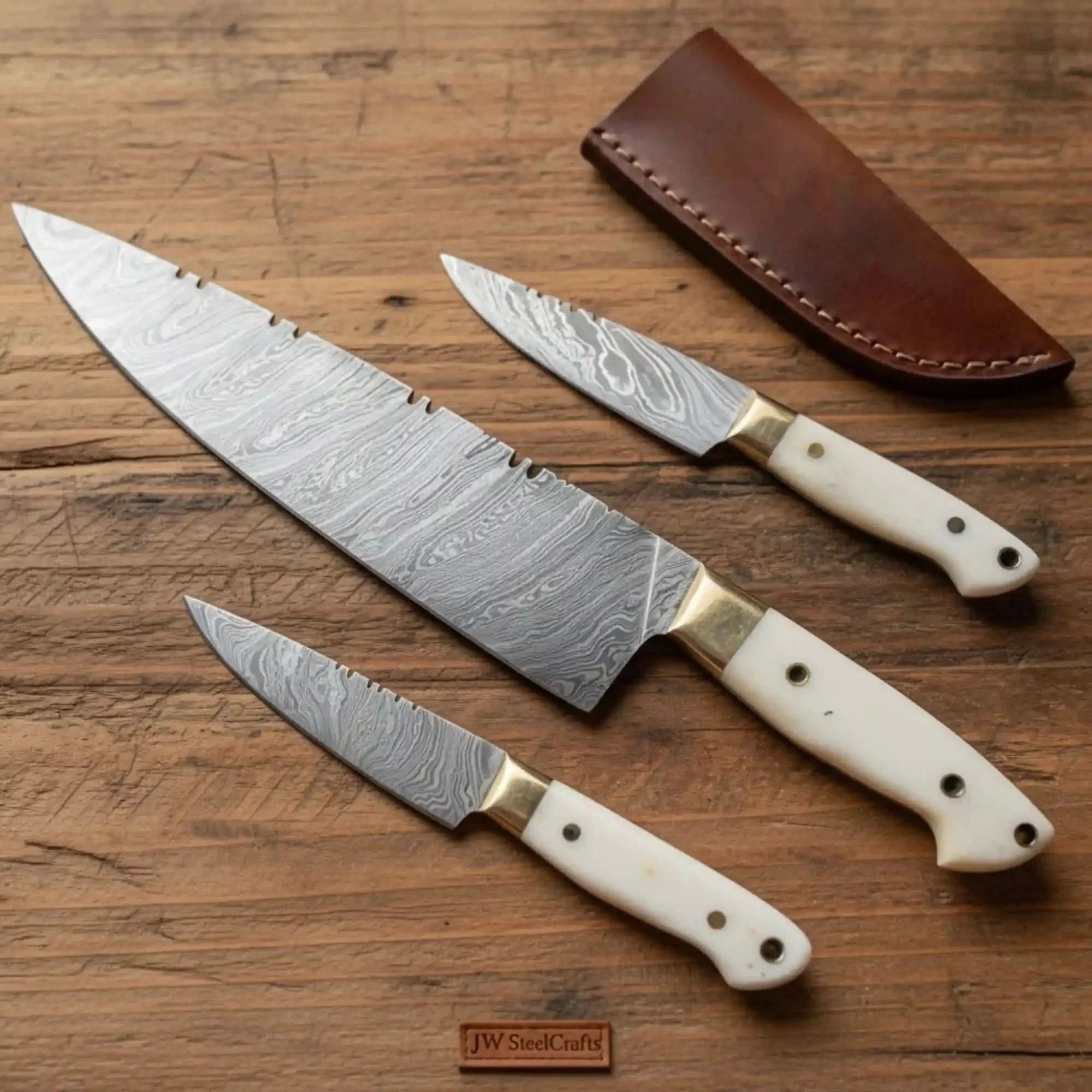 Damascus Chinese Cleaver and Chef Knife Set with White Resin Handles